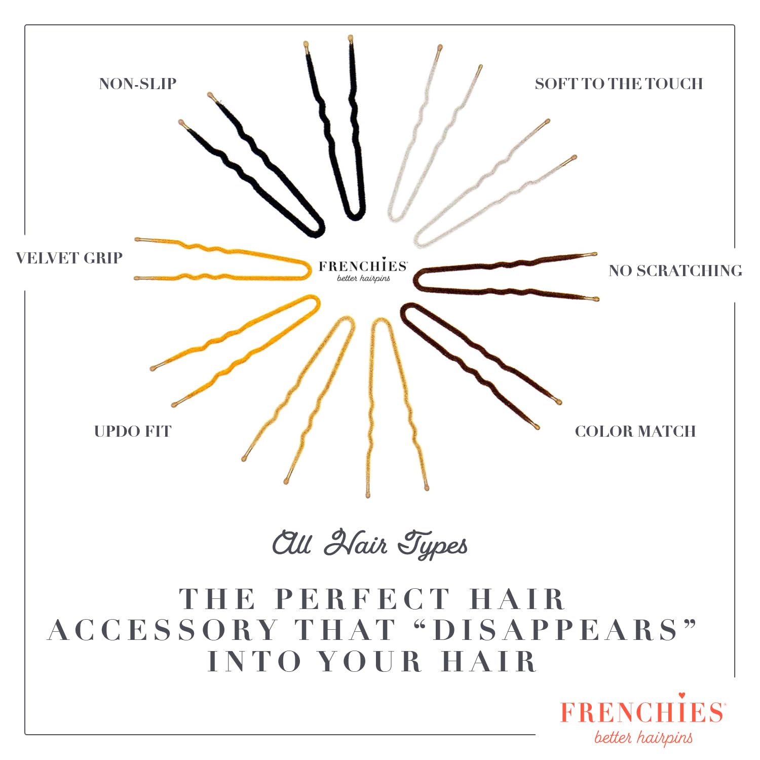 Frenchies Ultra Flocked Extra Soft French Twist Hair Pins - 20 Count Black | Secure Hair Pins for Buns, Updos, Hair Extensions & Wigs | Gentle Hold for All-Day Styling - Perfect for Weddings, Parties & Everyday Use