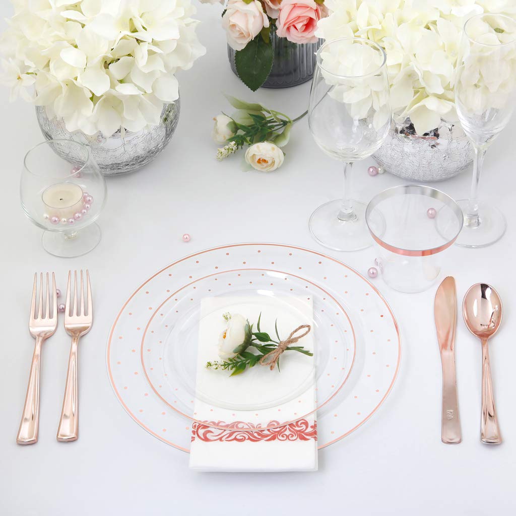 25-Piece Rose Gold Plastic Dinnerware Set - Disposable Plates, Silverware & 9oz Cups for Parties, Picnics, BBQs - Includes 25 Dinner Plates, Salad Plates, Forks, Knives, Spoons & Cups