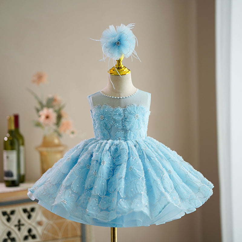Baby Girl Birthday Party Bead Collar Flower Princess Dress - Elegant Toddler Princess Gown for Birthday Celebrations, Photo Shoots & Special Occasions