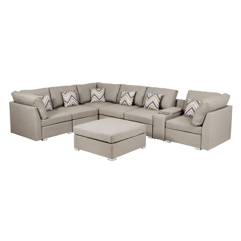 Amira Beige Reversible Modular Sectional Sofa with USB Charging Port & Ottoman - Modern Fabric Living Room Couch for Small Spaces, Apartments, and Family Gatherings