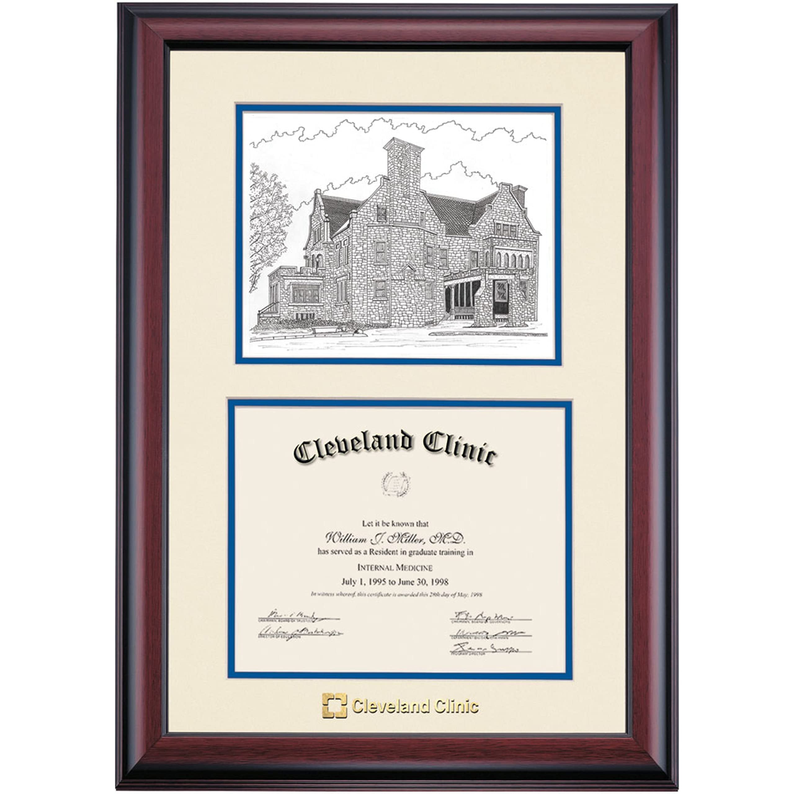 Premium Cleveland Clinic Bulldogs Diploma Frame | 8.5x11 Inch Display for Certificates & Diplomas | Ivory & Royal Blue Mat | Includes Alumni House Pen & Ink Set | Perfect Graduation Gift for Doctors & Medical Professionals