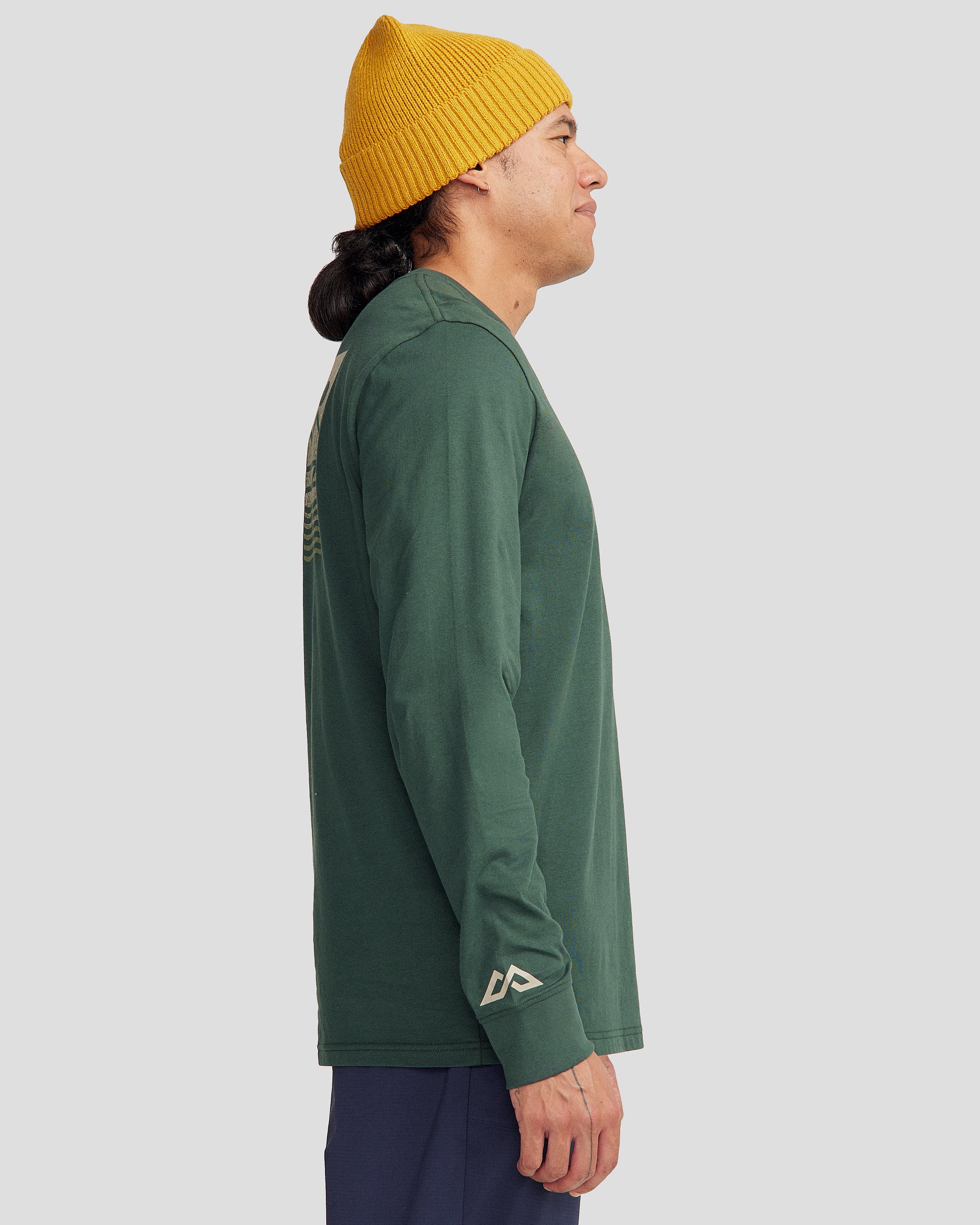 Men's Organic Cotton Long Sleeve T-Shirt - Mountain Triptych Design - Deep Forest Green - Hiking & Outdoor Adventure Wear