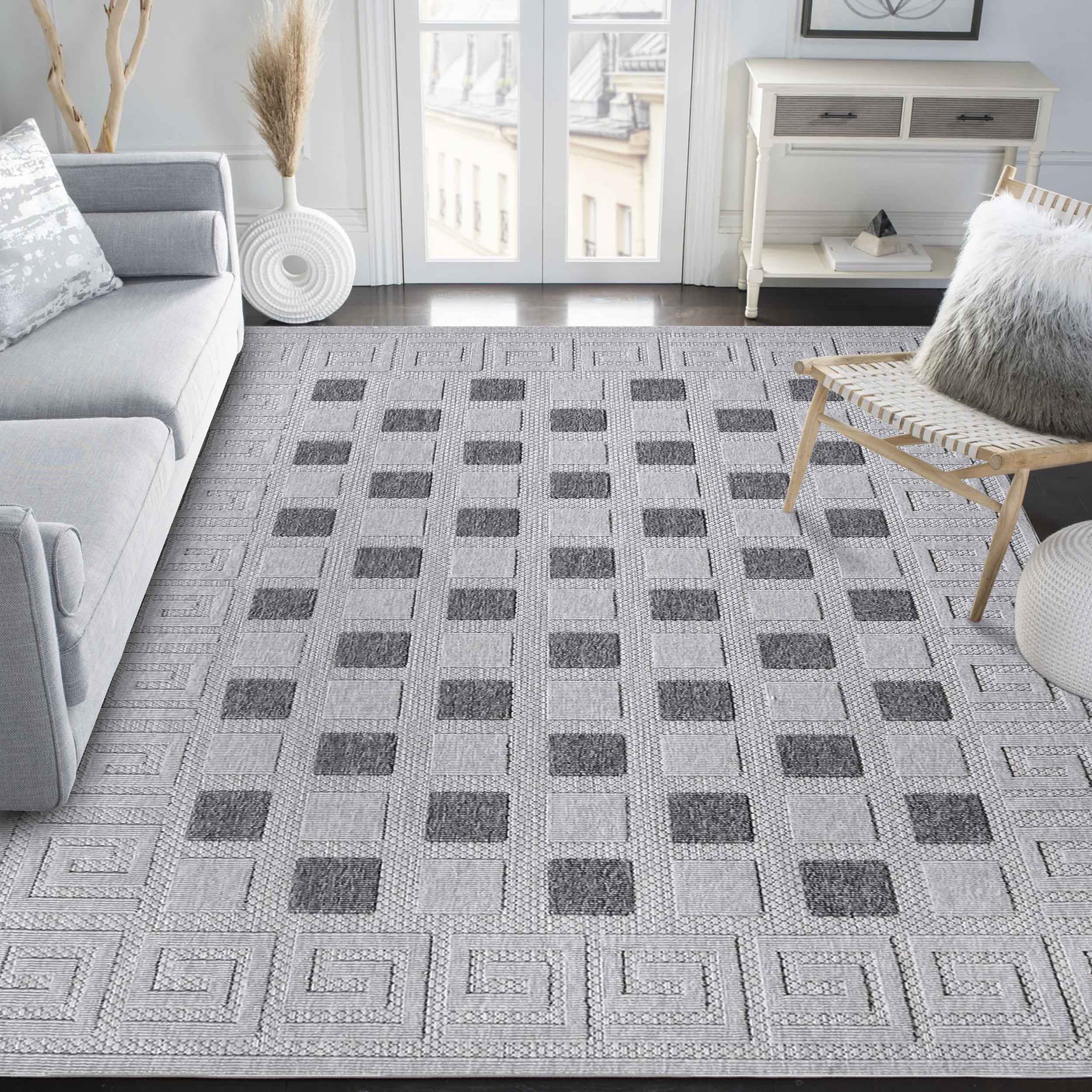 Modern Geometric Greek Key Pattern Rug - Non-Slip Indoor Outdoor Area Carpet for Living Room, Bedroom, Patio & Deck - Soft & Durable Home Decor