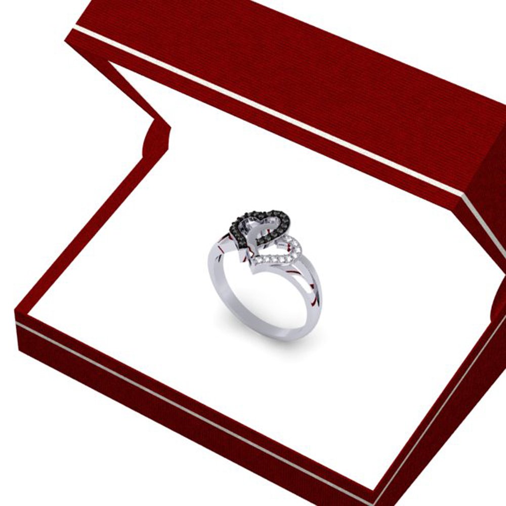 0.25 Carat Black & White Diamond Double Heart Promise Ring for Women - 925 Sterling Silver Split Shank Design - Perfect for Anniversaries, Engagements & Romantic Gifts
