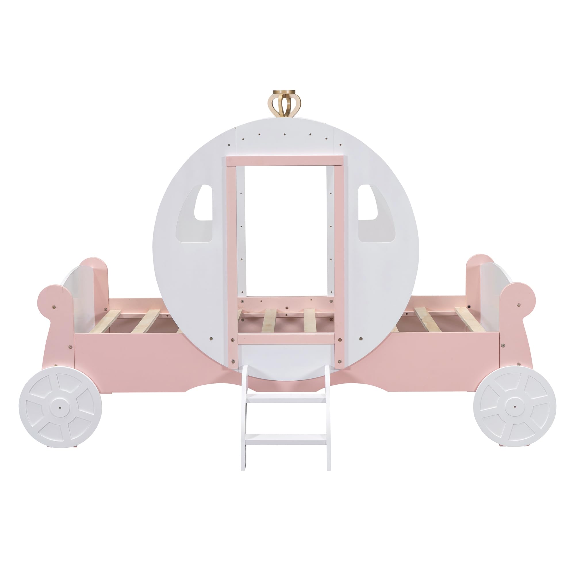 **Princess Carriage Bed for Girls - Twin Size Wooden Platform Bed with Crown & Stairs, White & Pink - Perfect for Kids' Bedroom, Fairy Tale Themed Room & Sleepover Fun**