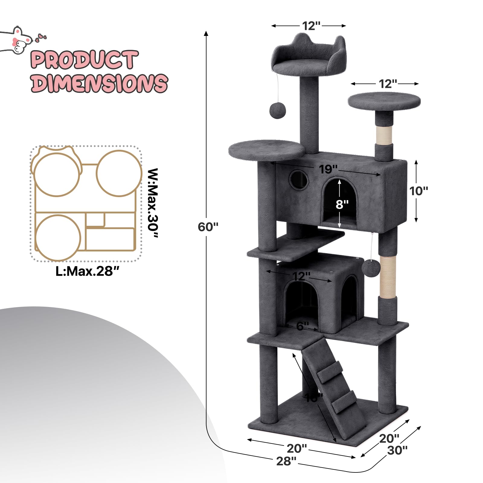 MoNiBloom 60 Inch Cat Tree Tower with 2 Cat Condos, Scratching Posts & Perches - Multi-Level Cat Climbing Furniture for Indoor Cats (Smoky Grey) - Perfect for Small Spaces, Apartments & Playful Kittens