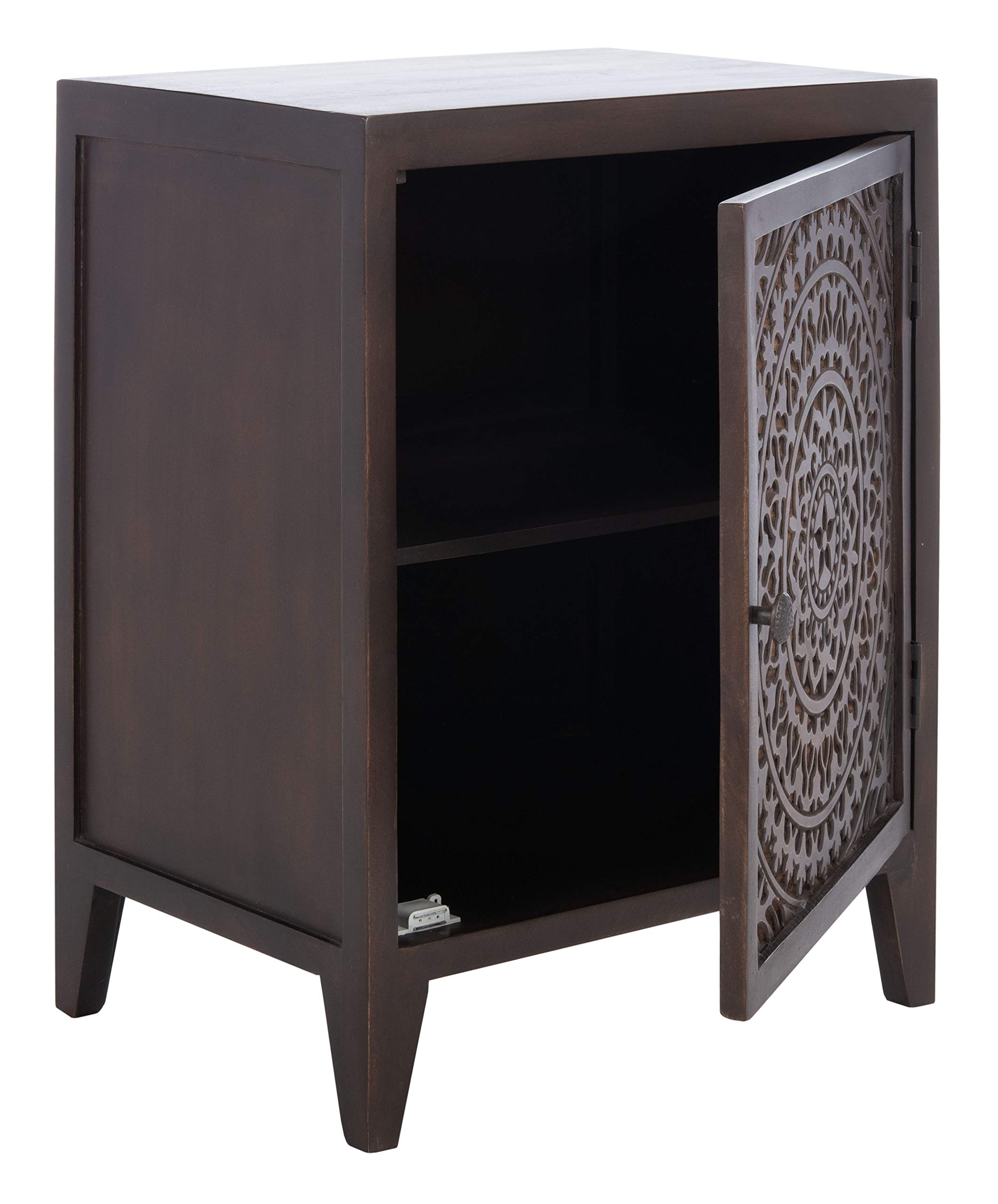 Safavieh Home Thea Brown 1-Door Carved Mandala Nightstand - Stylish Bedside Table for Bedroom Decor with Storage Shelf - Perfect for Small Spaces, Guest Rooms & Apartment Living