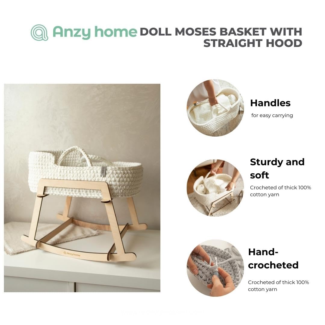Boho Doll Crib with Rocking Stand - White Doll Bassinet with Bedding Set | Baby Doll Cradle for Pretend Play | Perfect Birthday Gift for Girls | Nursery Decor & Imaginative Play Scenes