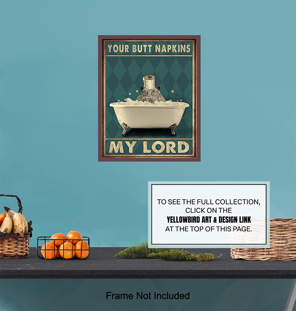 Funny Butt Napkins My Lord Bathroom Wall Art - Cute Modern Hippo Decor for Powder Room & Guest Bath - Unique Restroom Sign & Pictures - Perfect for Home, Office, or Gift