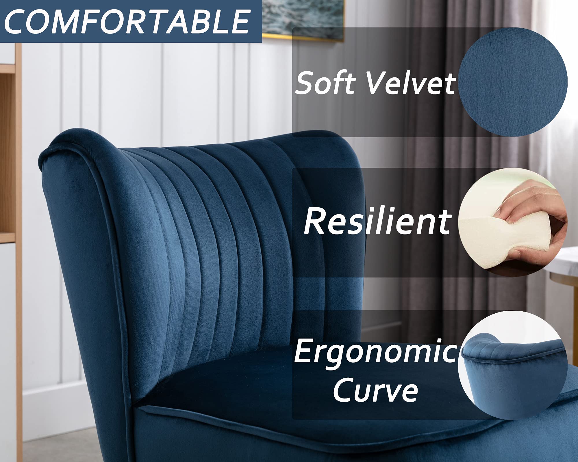 Velvet Accent Chair Set of 2 - Mid Century Modern Armless Slipper Chairs with Golden Metal Legs, Soft Upholstered Living Room Seating for Bedroom, Guest Room & Office - Blue Velvet Wingback Lounge Chairs (Perfect for Small Spaces, Reading Nooks & Cozy Corners)