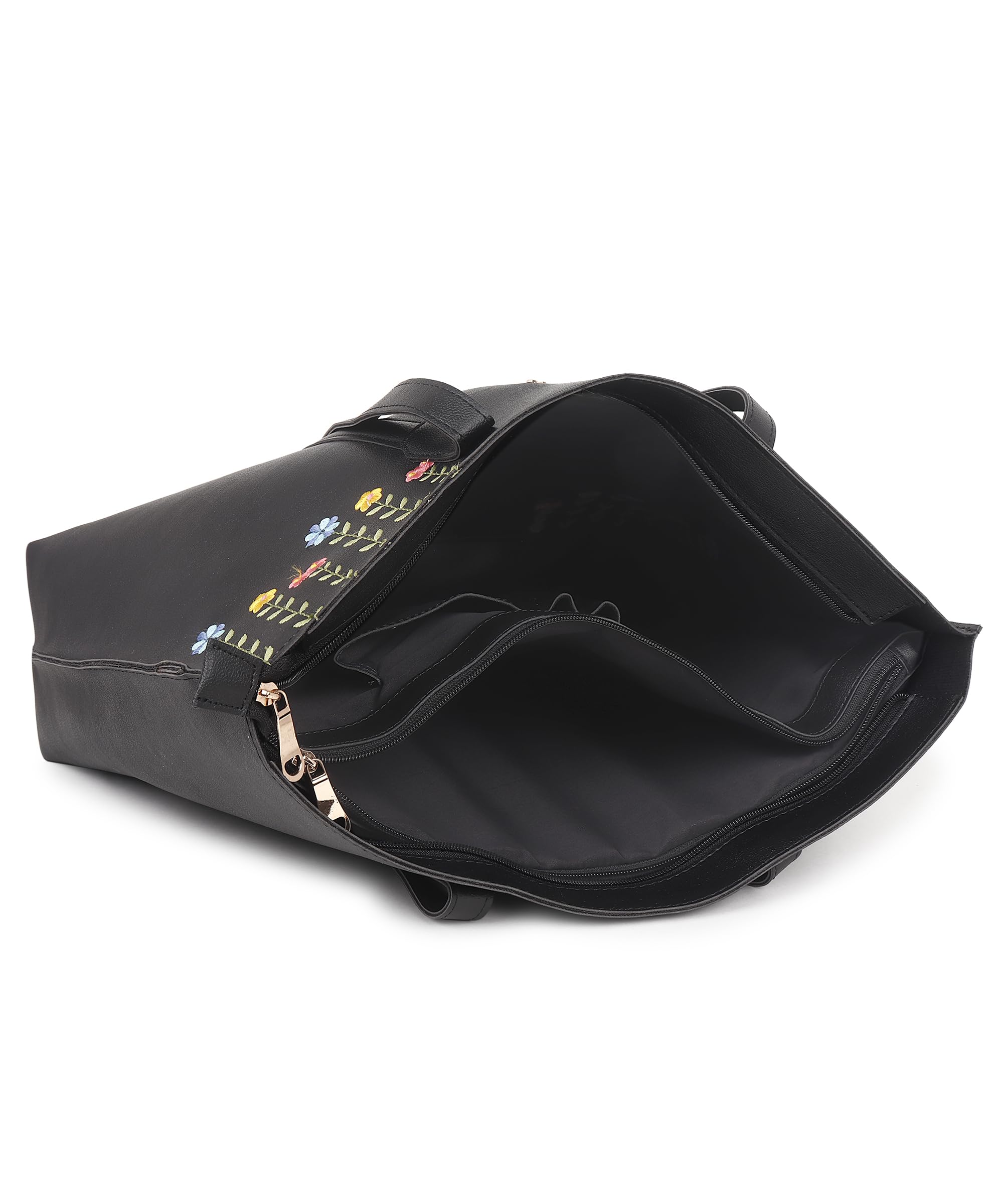 Black PU Leather Women's Laptop Tote Bag with Floral Embroidery - Large Capacity Work Bag for Office, Business & Travel