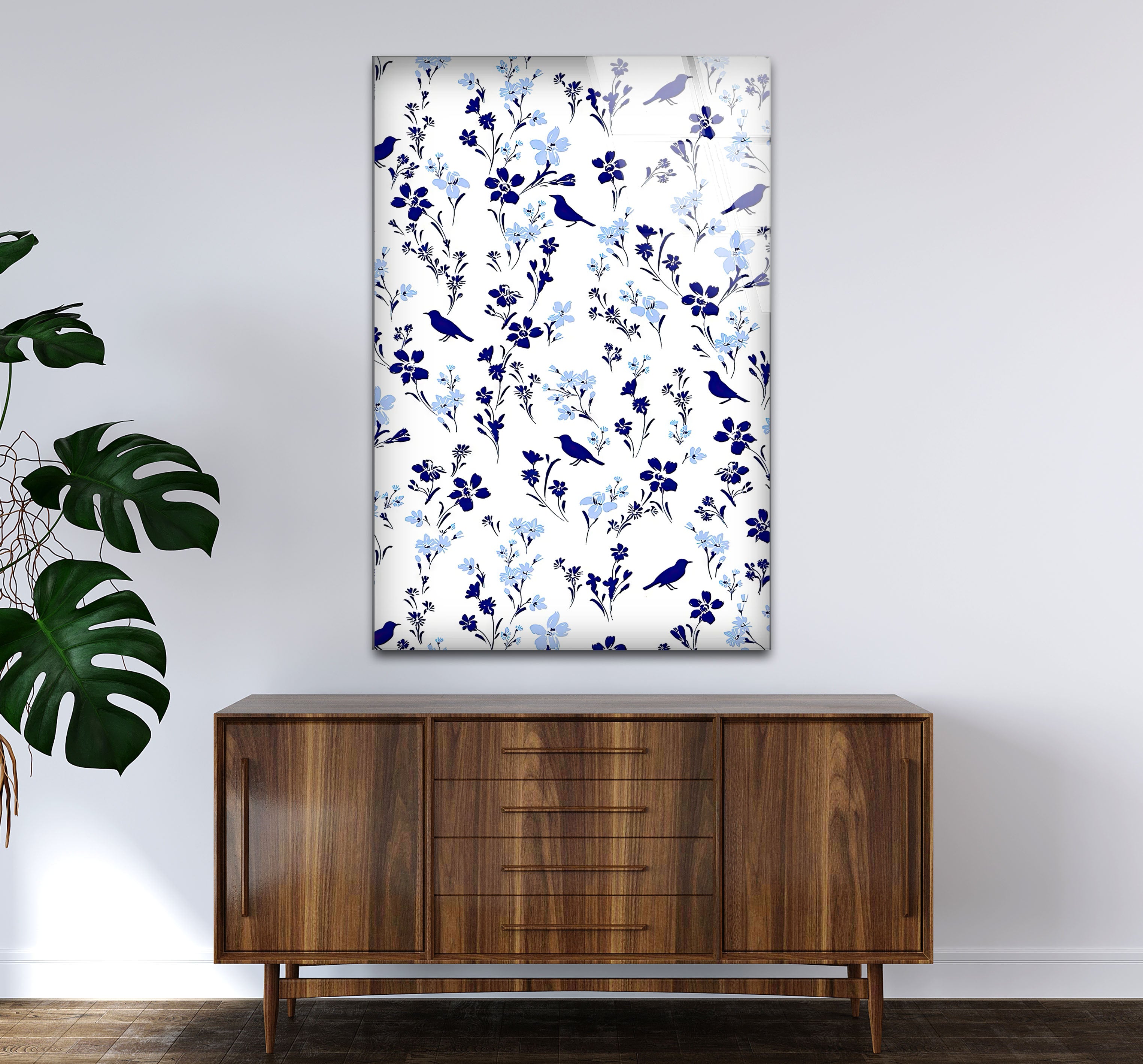Blue Bird and Wildflower Wall Art Print - Elegant Floral Glass Decor for Nature Lovers | Perfect for Living Room, Bedroom & Office Decor