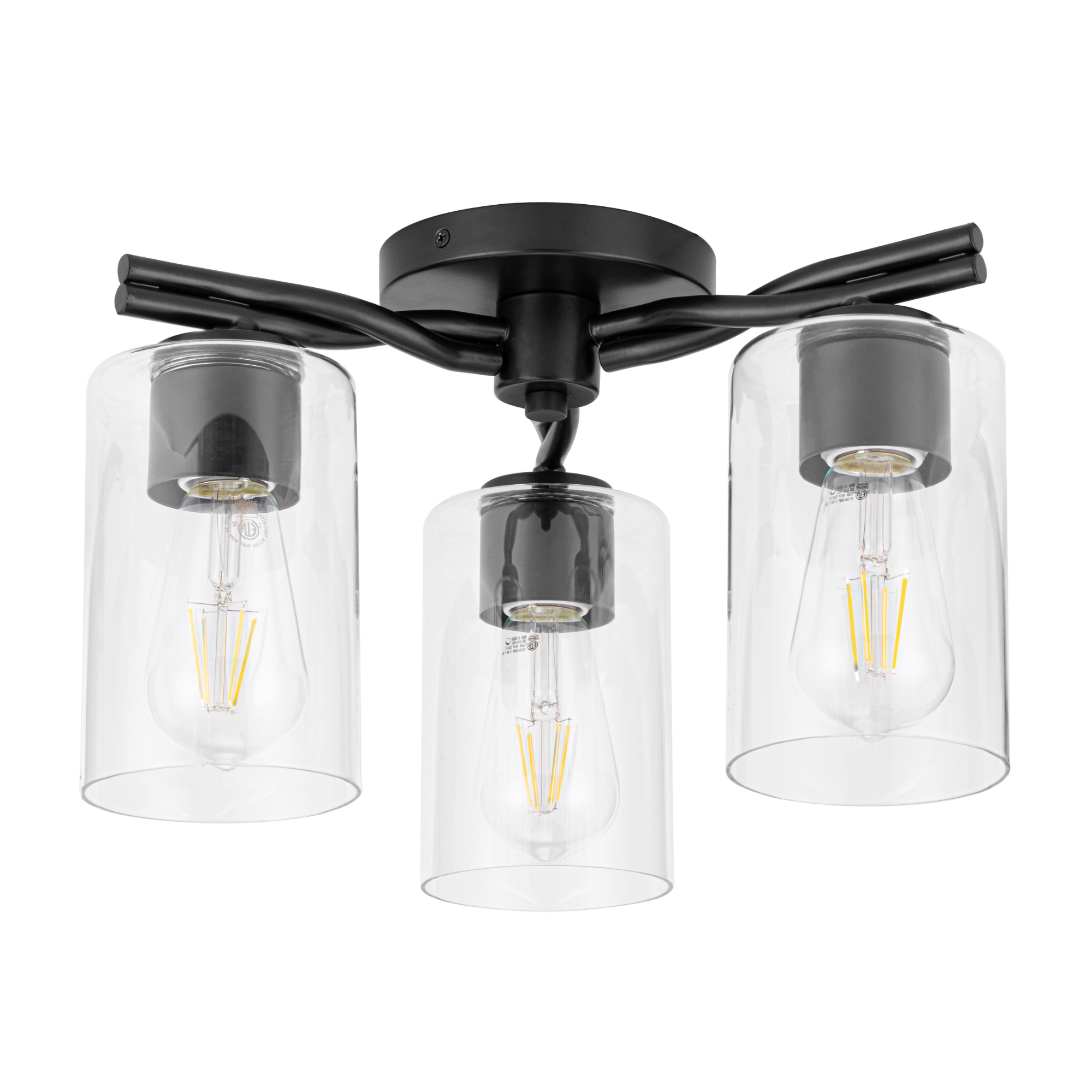 3-Light Semi Flush Mount Ceiling Light Fixture - Matte Black with Clear Glass Shades - Perfect for Bedroom, Living Room, Kitchen, and Hallway Lighting