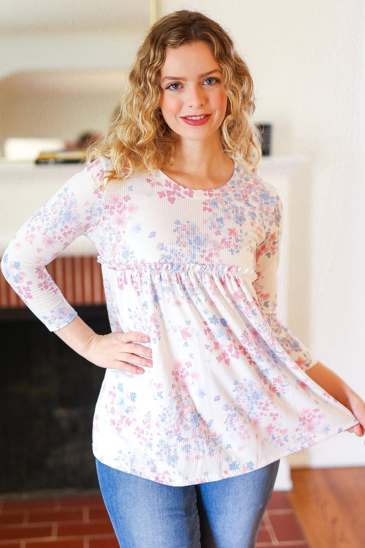 Stylish Blue & Pink Floral Ribbed Babydoll Ruffle Top for Women | Trendy Summer Blouse for Date Night & Beach Outfits