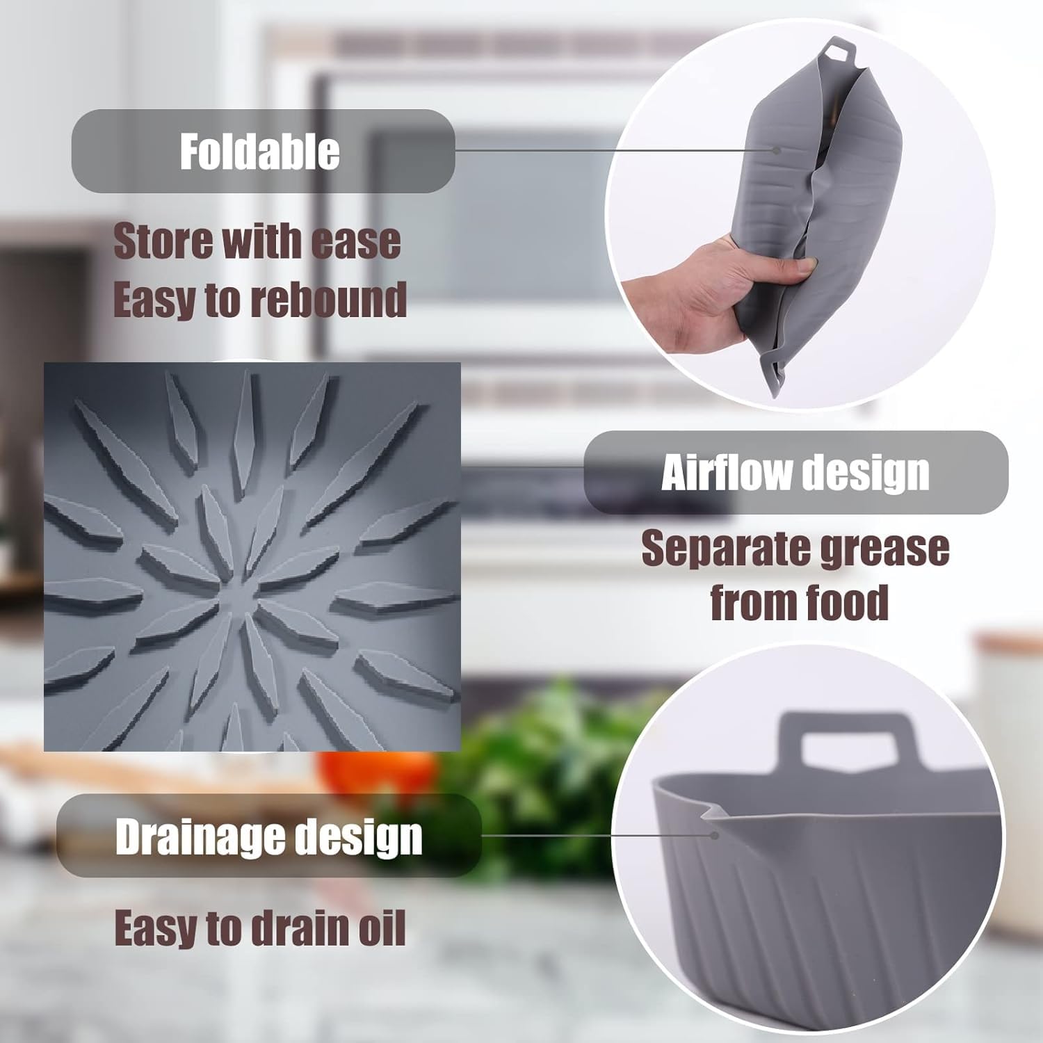 **Reusable Silicone Air Fryer Liners (2-Pack) – 8.5” Square Non-Stick Basket for 4-7 Qt Air Fryers – Heat-Resistant, Easy to Clean – Grey & Black – Perfect for Frying, Baking & Roasting**