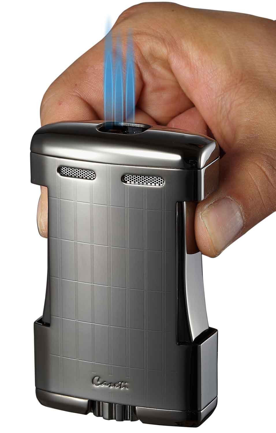 Caseti Sparta Satin Gunmetal Triple Flame Torch Lighter - Windproof Refillable Butane Lighter for Cigars, Candles & Outdoor Use