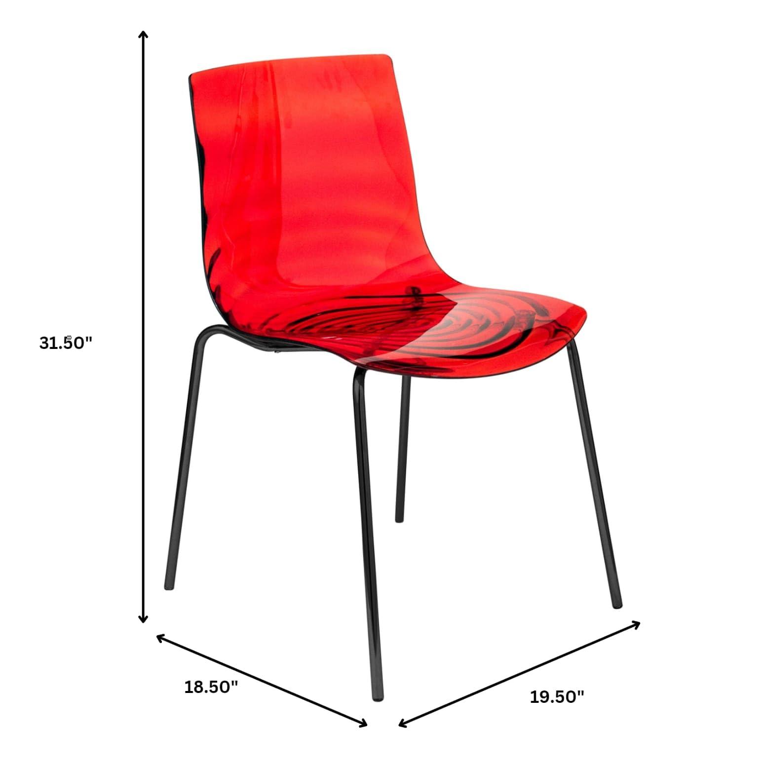 LeisureMod Astor Modern Acrylic Side Chair with Water Ripple Design & Chrome Metal Legs - Set of 2 Transparent Red Accent Chairs for Dining Room, Kitchen, Office or Small Spaces - Perfect for Contemporary Home Decor & Compact Living Areas