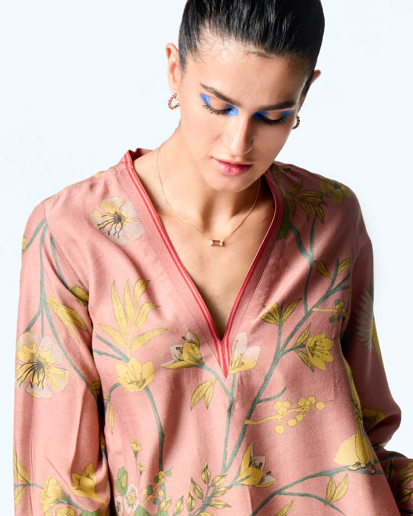 Elegant V Neck Kurta in Luxurious Muga Satin with Rose Design - Perfect for Festive Occasions, Weddings & Cultural Events