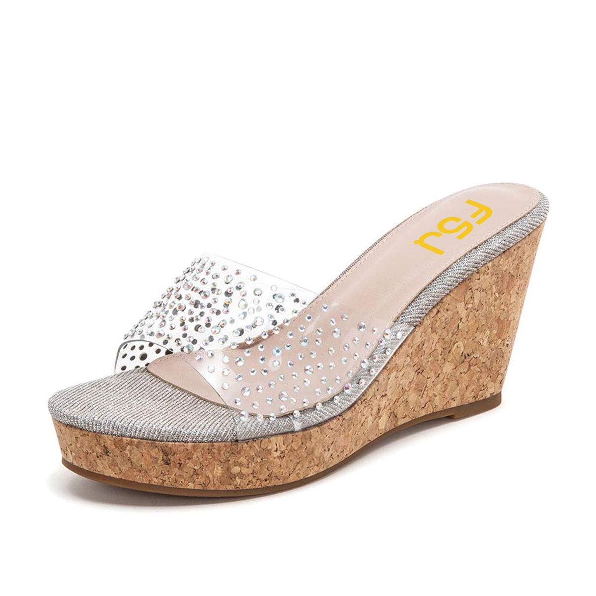 FSJ Women's Rhinestone Studded PVC Slide Wedge Sandals - Open Round Toe Crystal Slip-On High Heel Platform Mules - Comfortable Casual Slippers for Ladies (US Size 4-15) - Perfect for Summer, Beach, Parties & Daily Wear