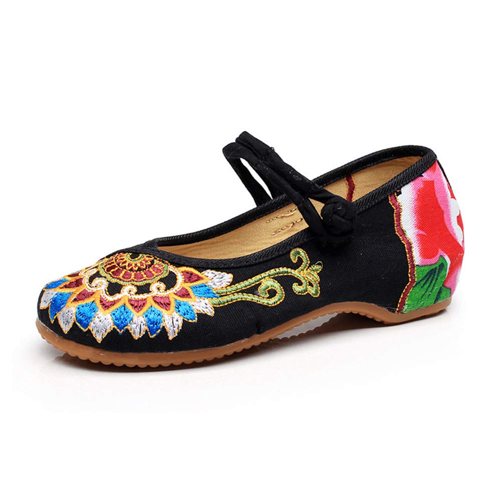 BININBOX Women's Floral Embroidered Loafers - Handmade Comfortable Black Mary Jane Ballet Flats with Round Toe | Perfect for Casual Wear, Office & Spring Outfits