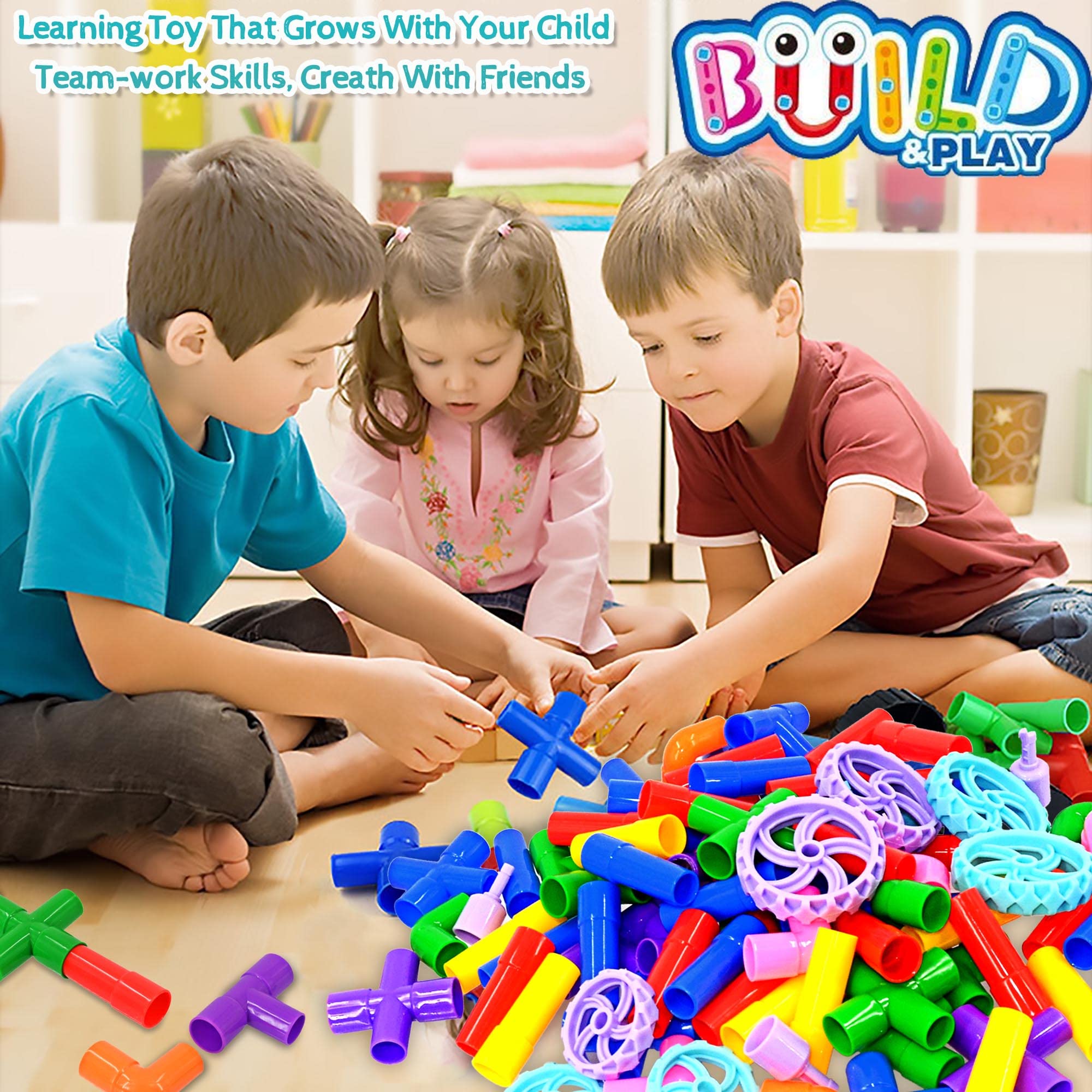 FUBAODA 96 Pcs STEM Pipe Tube Building Toys Set - Educational Construction Blocks with Wheels, Spouts & Joints for Kids Ages 3+ | Creative Learning, Preschool Classroom & Birthday Gift Idea