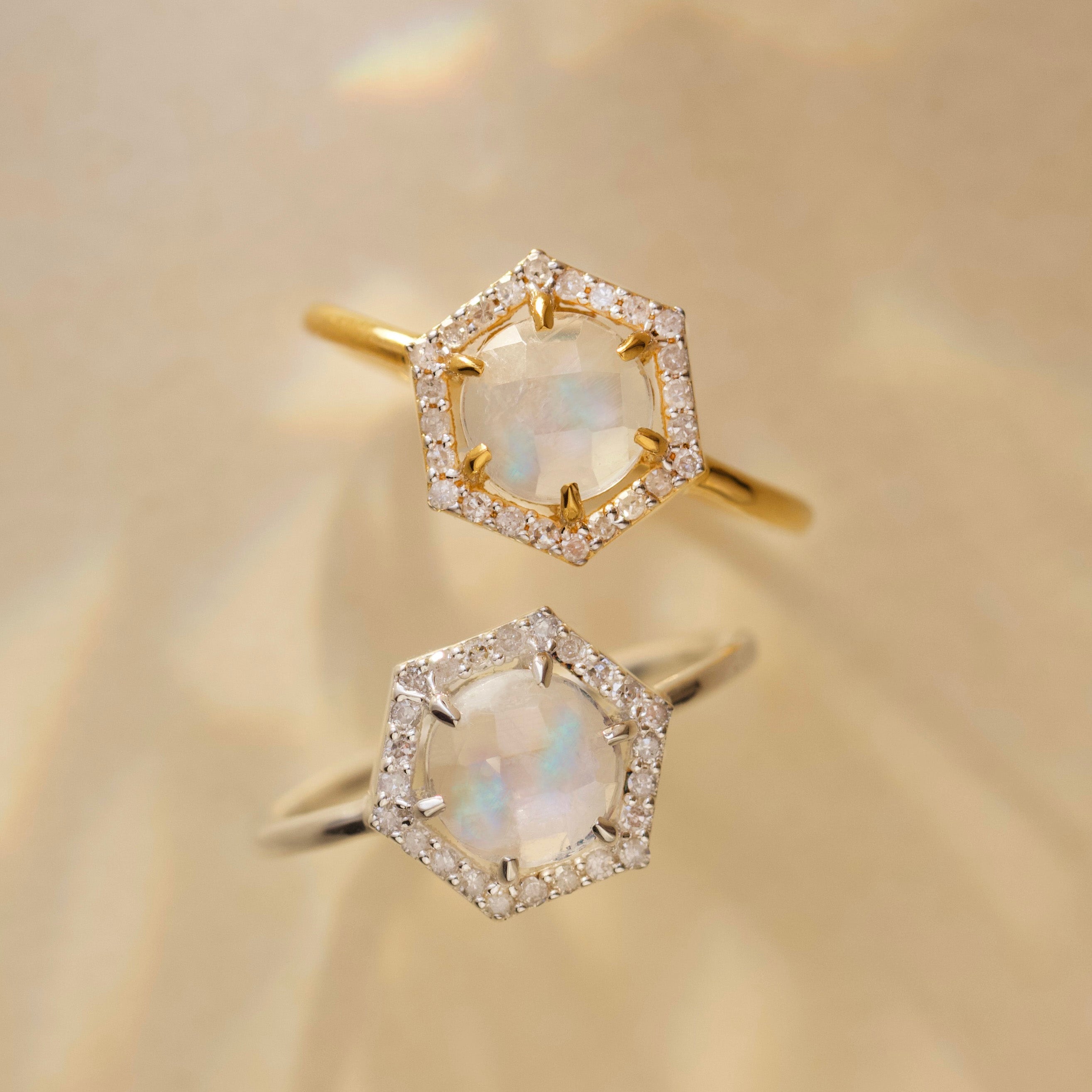 Moonstone & Diamond Hexagon Ring for Women - Elegant Vintage Jewelry for Engagement, Wedding, Anniversary & Special Occasions