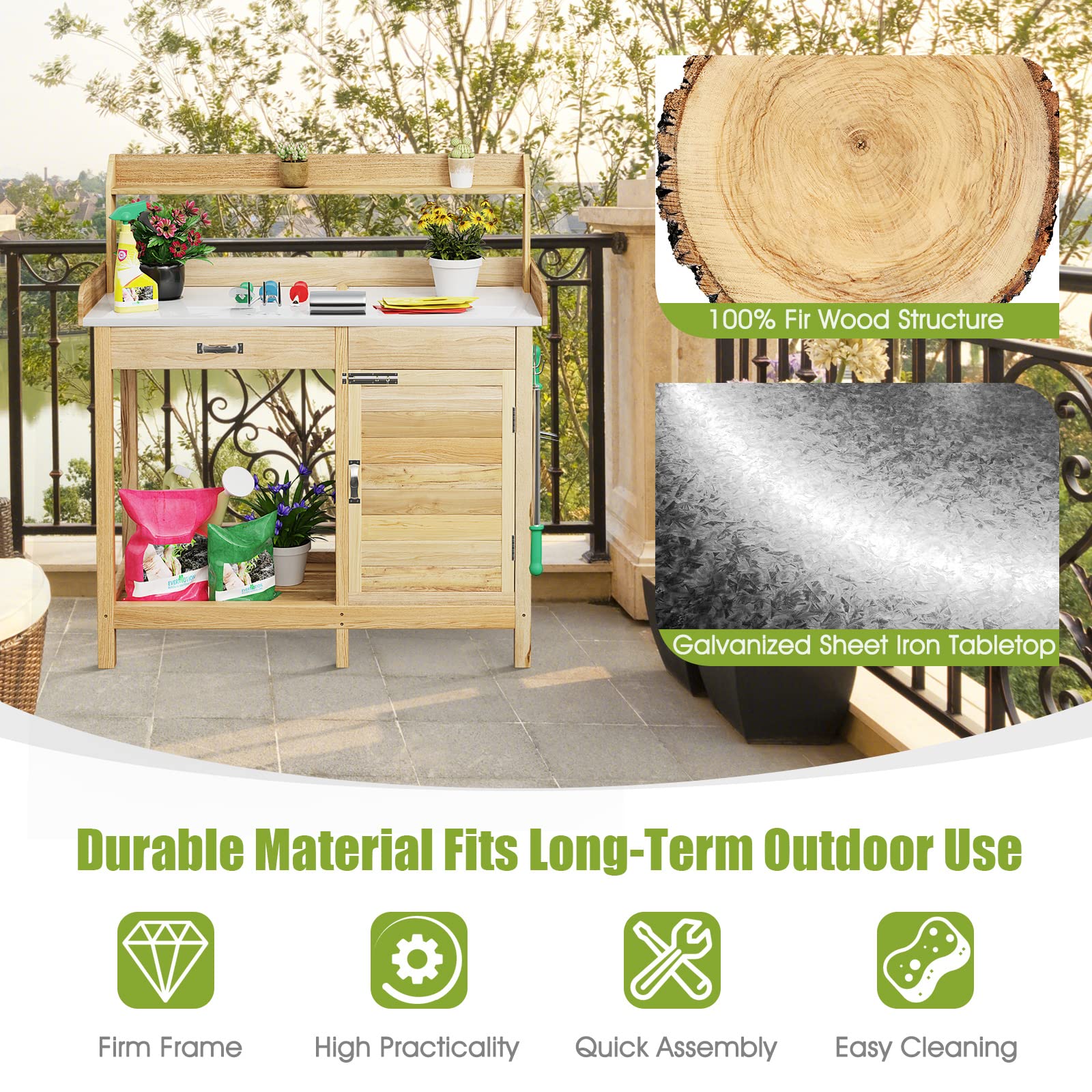 SAFSTAR Outdoor Potting Bench Table - Wooden Garden Workstation with Drawer, Storage Cabinet, Open Shelf & Side Hooks - Durable Metal Tabletop Gardening Workbench for Backyard, Balcony & Patio - Perfect for Planting, Potting & Organizing Garden Tools