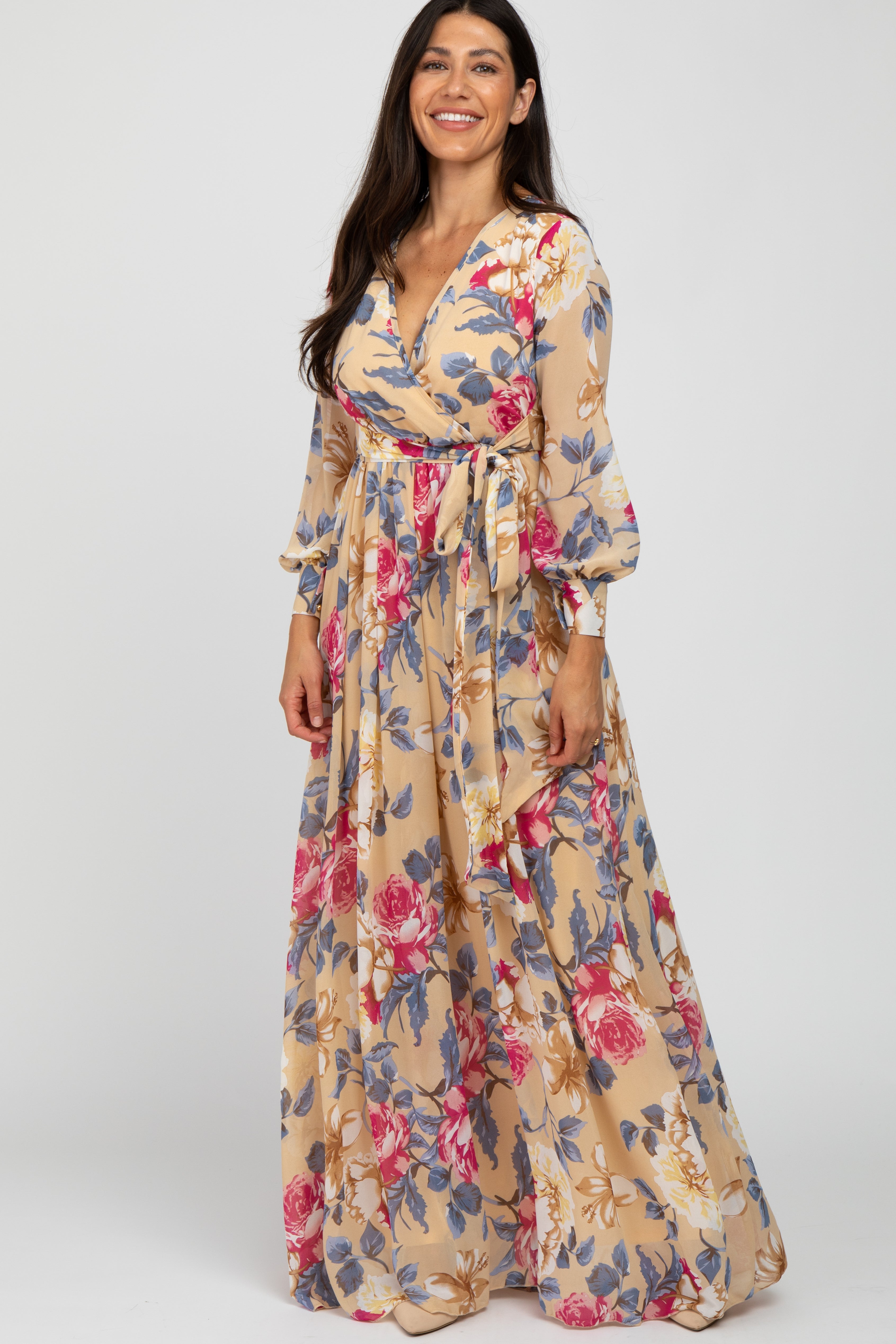 Beige Floral Chiffon Maternity Maxi Dress for Women - Elegant Pregnancy Gown for Baby Shower, Wedding & Summer Occasions