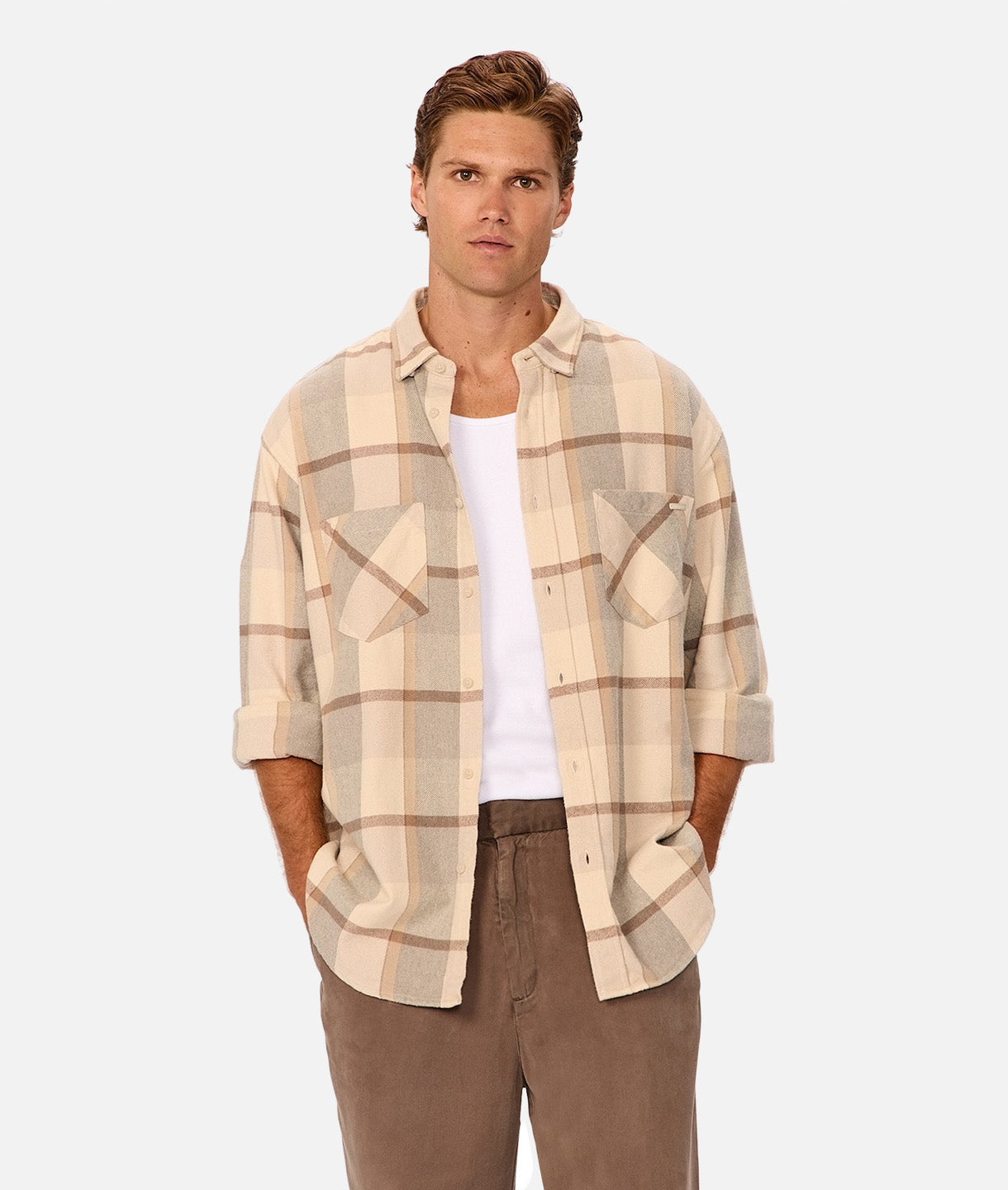 Ridgeside Long Sleeve Shirt for Men - Beige Charcoal Plaid Flannel - Casual & Outdoor Wear for Fall & Winter
