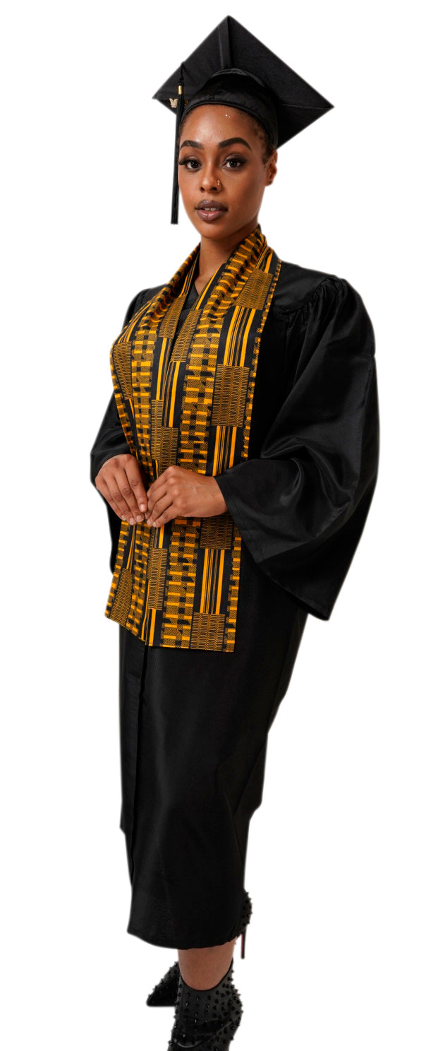 Authentic Gold Kente African Print Graduation Stole - Traditional Ghanaian Sash for Graduation Ceremonies, Cultural Events & African Heritage Celebrations