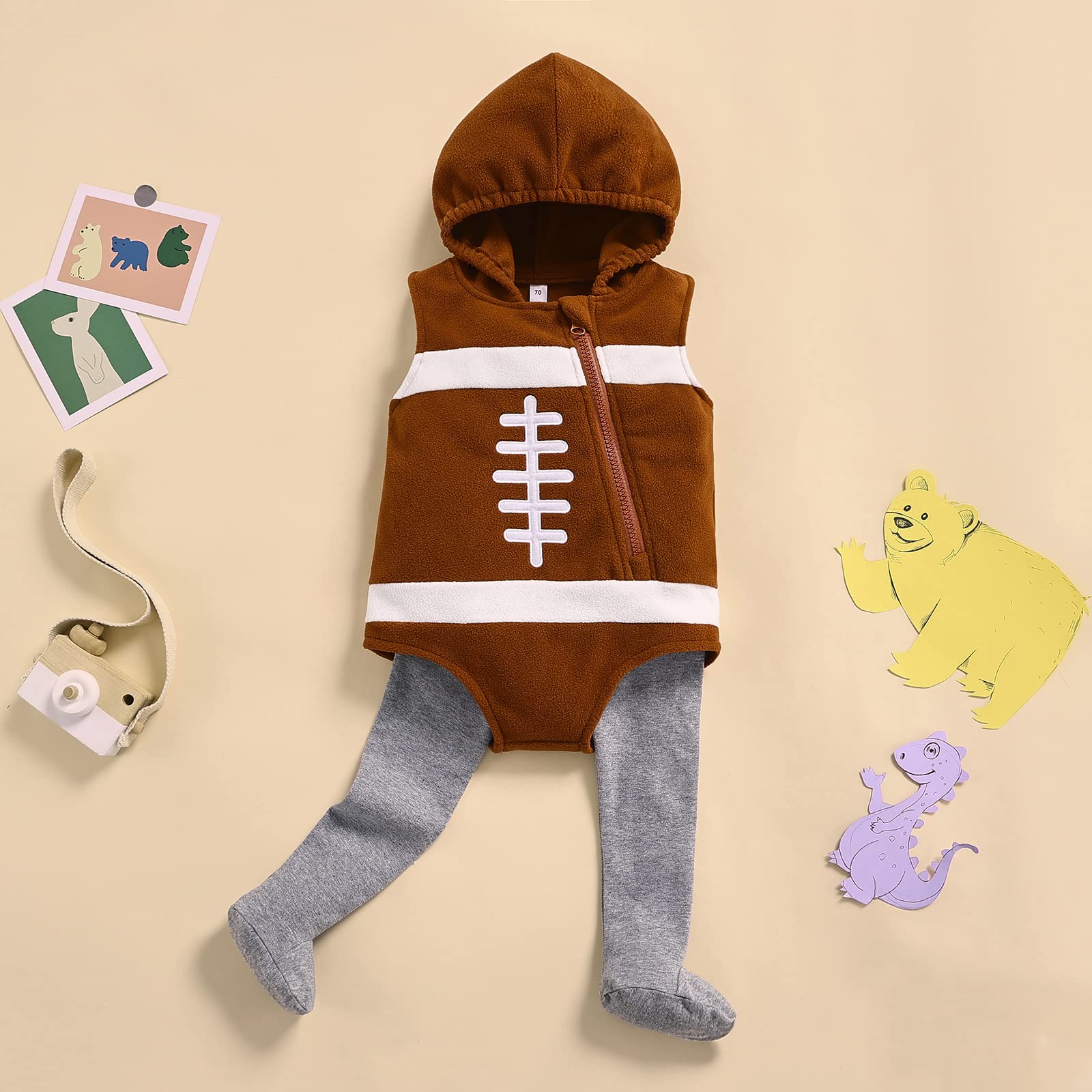 **Baby American Football Rugby Cartoon Romper Set - Hooded Sleeveless Jumpsuit with Zipper & Stockings for Boys & Girls | Game Day Outfit, Sports Theme Party, Casual Playwear**