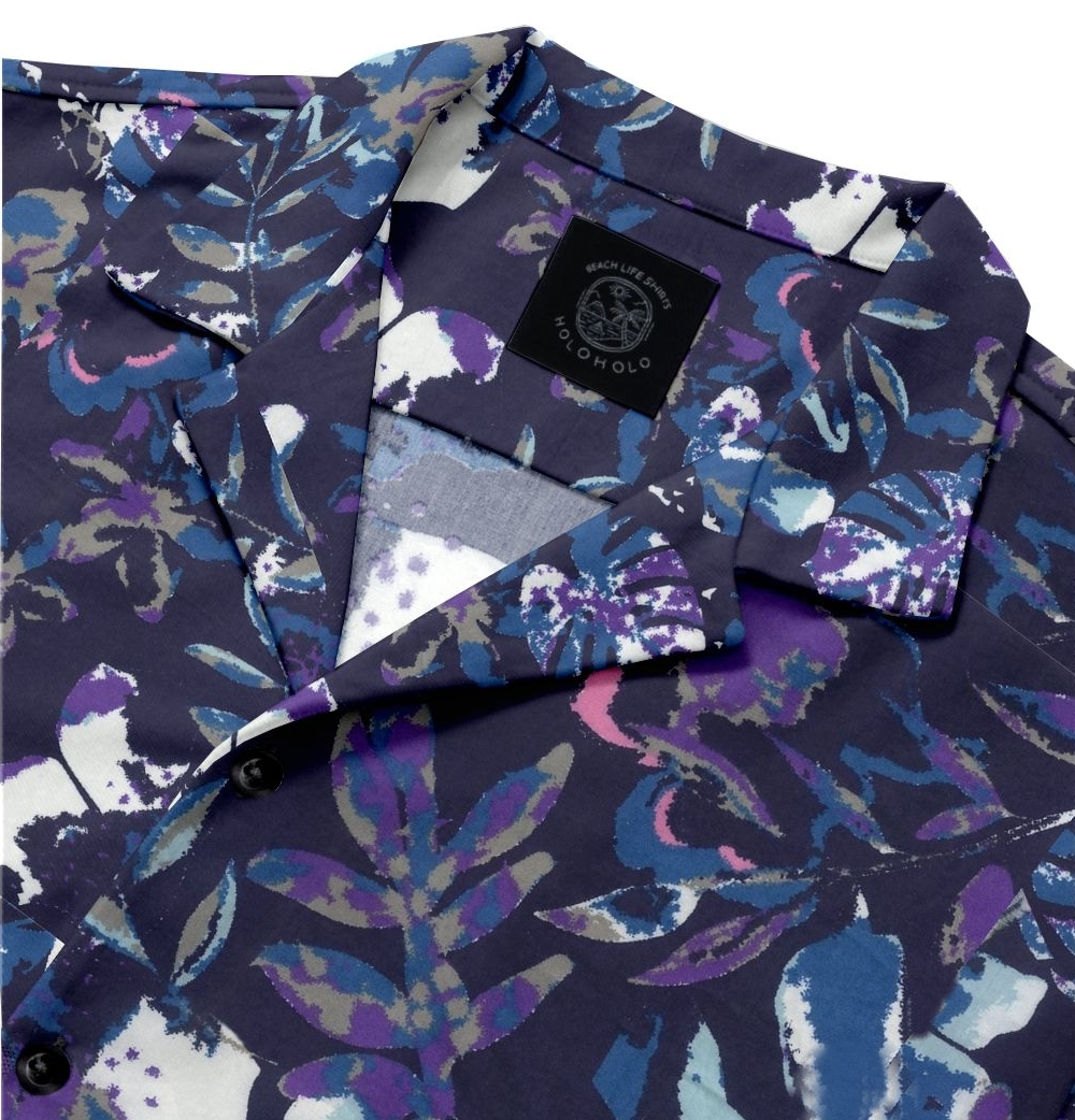Men's Cotton Camp Collar Shirt - Purple Floral Print Casual Button Down Shirt for Summer Beach Vacation & Outdoor Activities