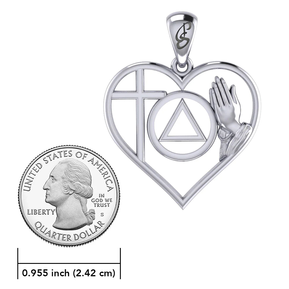 Faith & Christogram Heart Sterling Silver Recovery Pendant with AA/NA Symbol - Adjustable 18