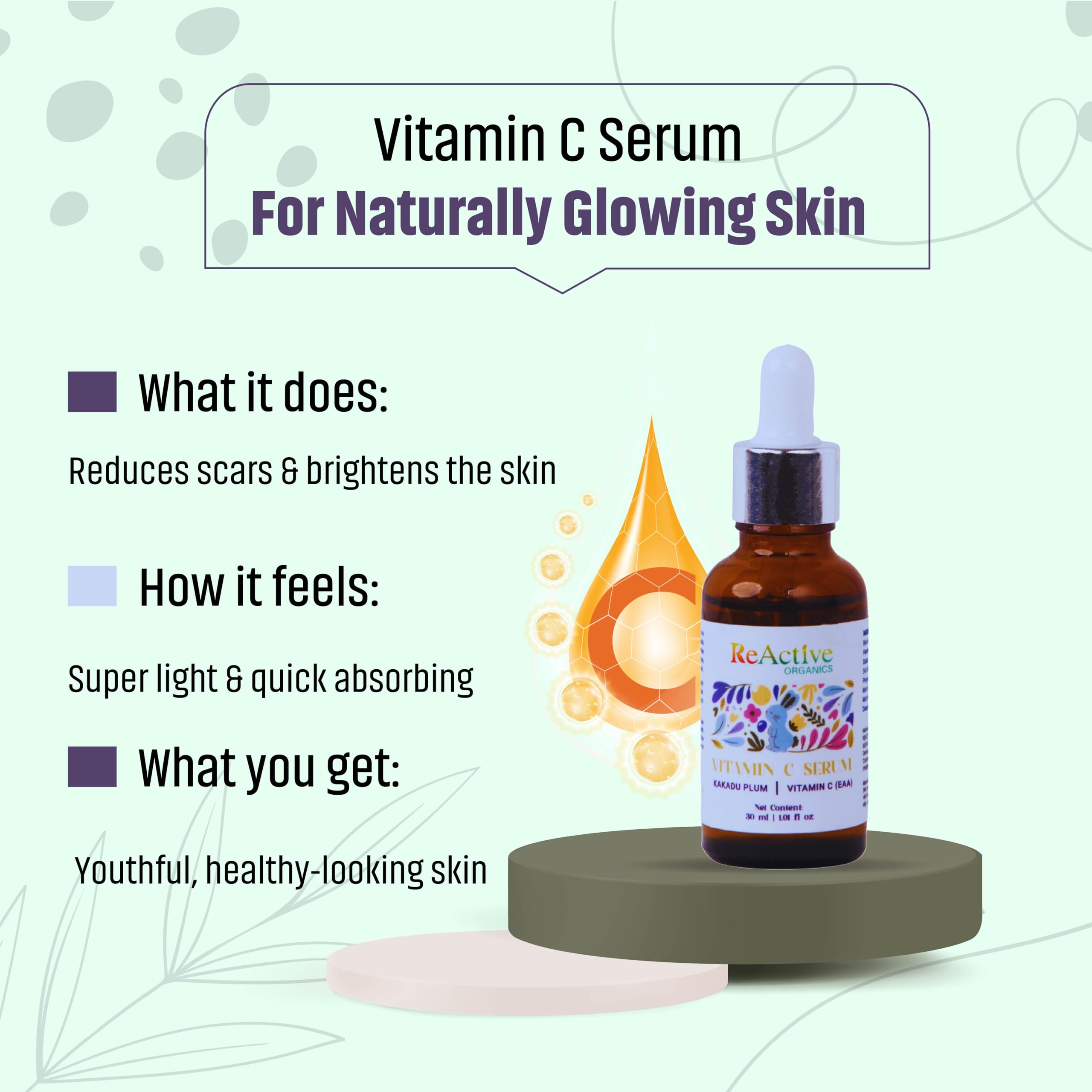 ReActive Organics Vitamin C Serum with Kakadu Plum & EAA - Anti-Aging Face Serum for Radiant Skin, 30ml | Brightening & Hydrating Facial Treatment for Day & Night Use
