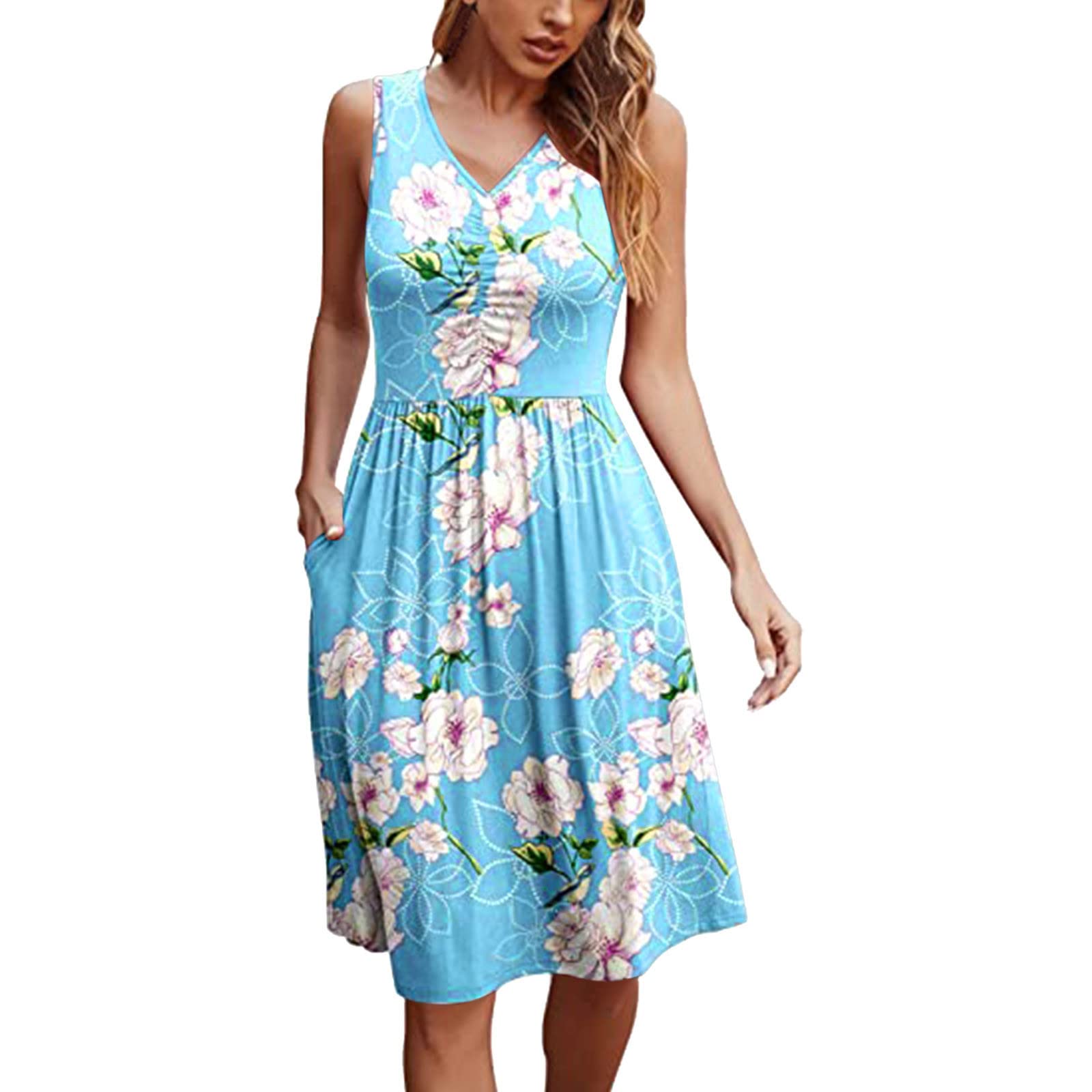 Women's Casual Summer Sleeveless V-Neck Printed Tank Dress with Pockets - Slim Fit Sexy Beach Dress for Party, Vacation & Daily Wear (Blue, Size S)
