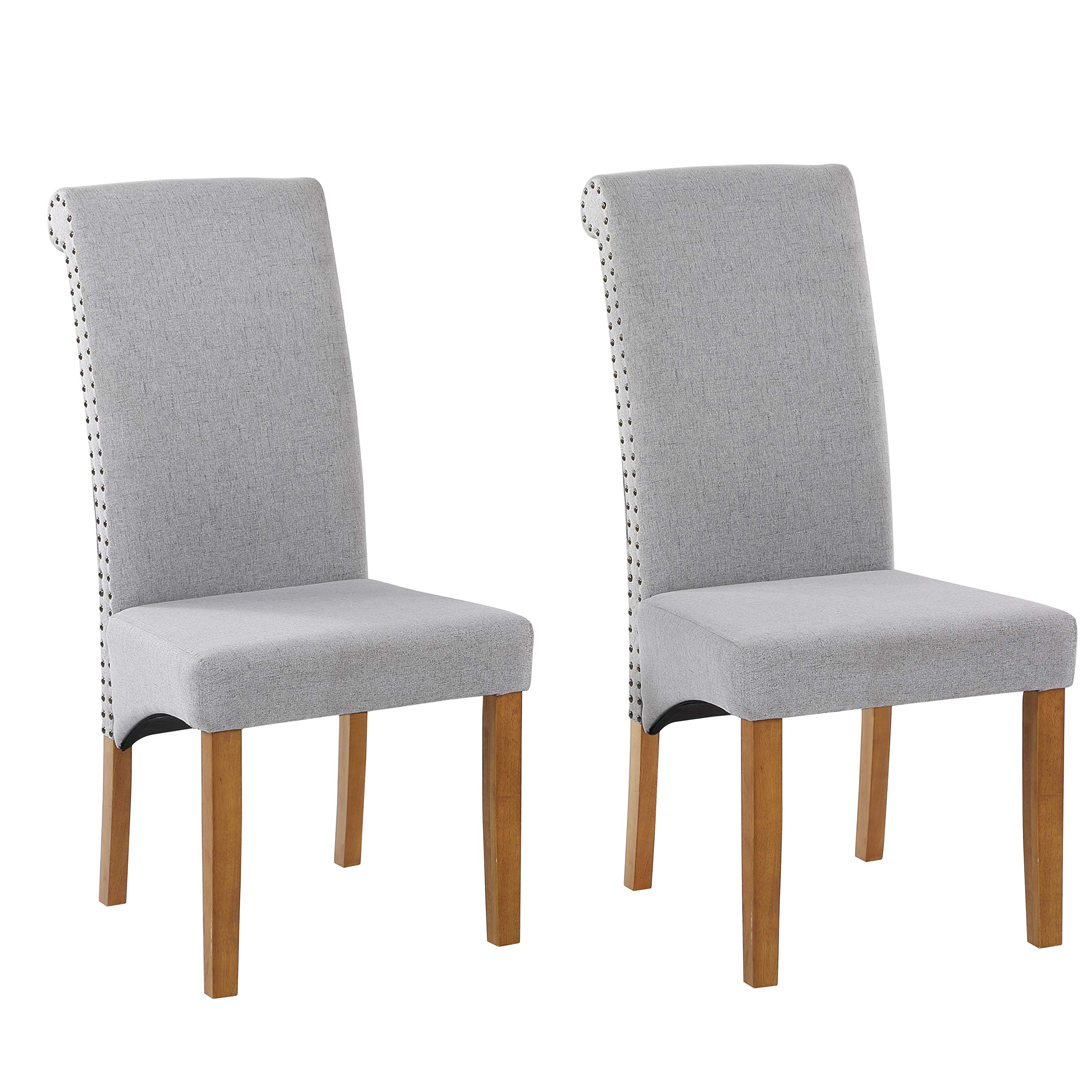 2 Pack Fabric Dining Chairs Set - Brown Solid Wood Legs with Nailhead Trim, Comfortable Padded Seats for Kitchen, Dining Room & Living Room - Modern Gray Accent Chairs for Home Decor