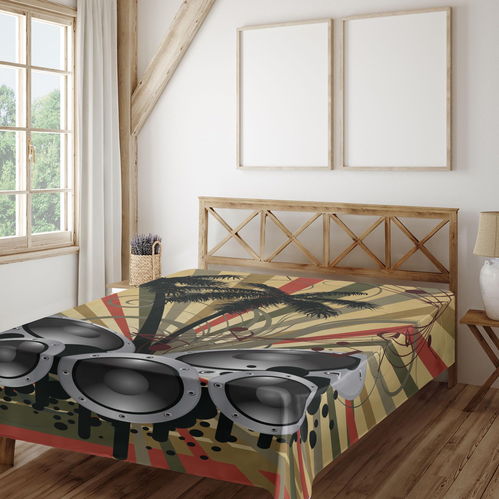 Ambesonne Modern King Size Flat Sheet - Soft Comfortable Palm Trees Striped Ombre Design with Music Loudspeaker Art Print | Decorative Bedding for Master Bedroom, Guest Room or Vacation Home (Hunter Green & Black)
