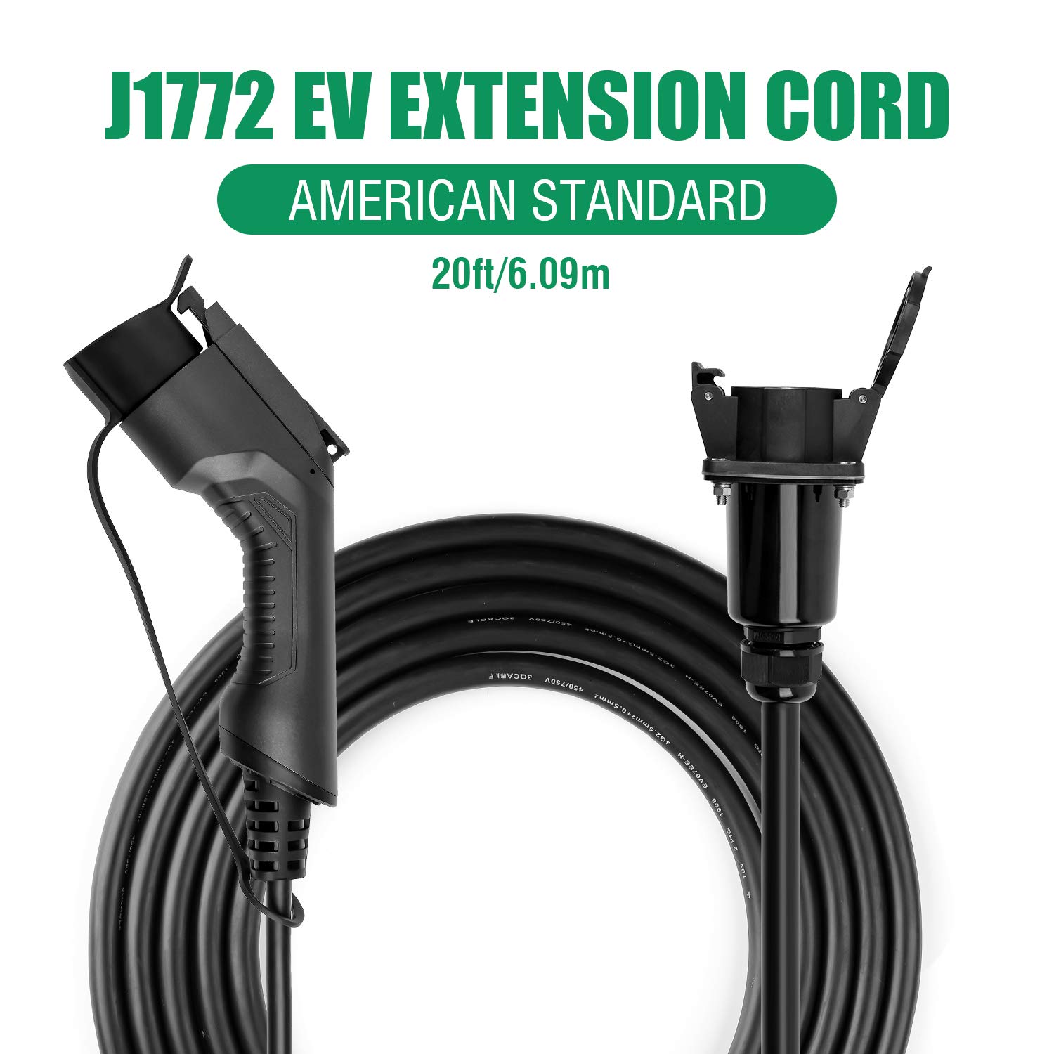 32A 20 Feet J1772 EV Charger Extension Cord - Heavy Duty Electric Vehicle Charging Cable for Tesla, Nissan Leaf, Chevy Volt (Outdoor/Home/Garage Use)