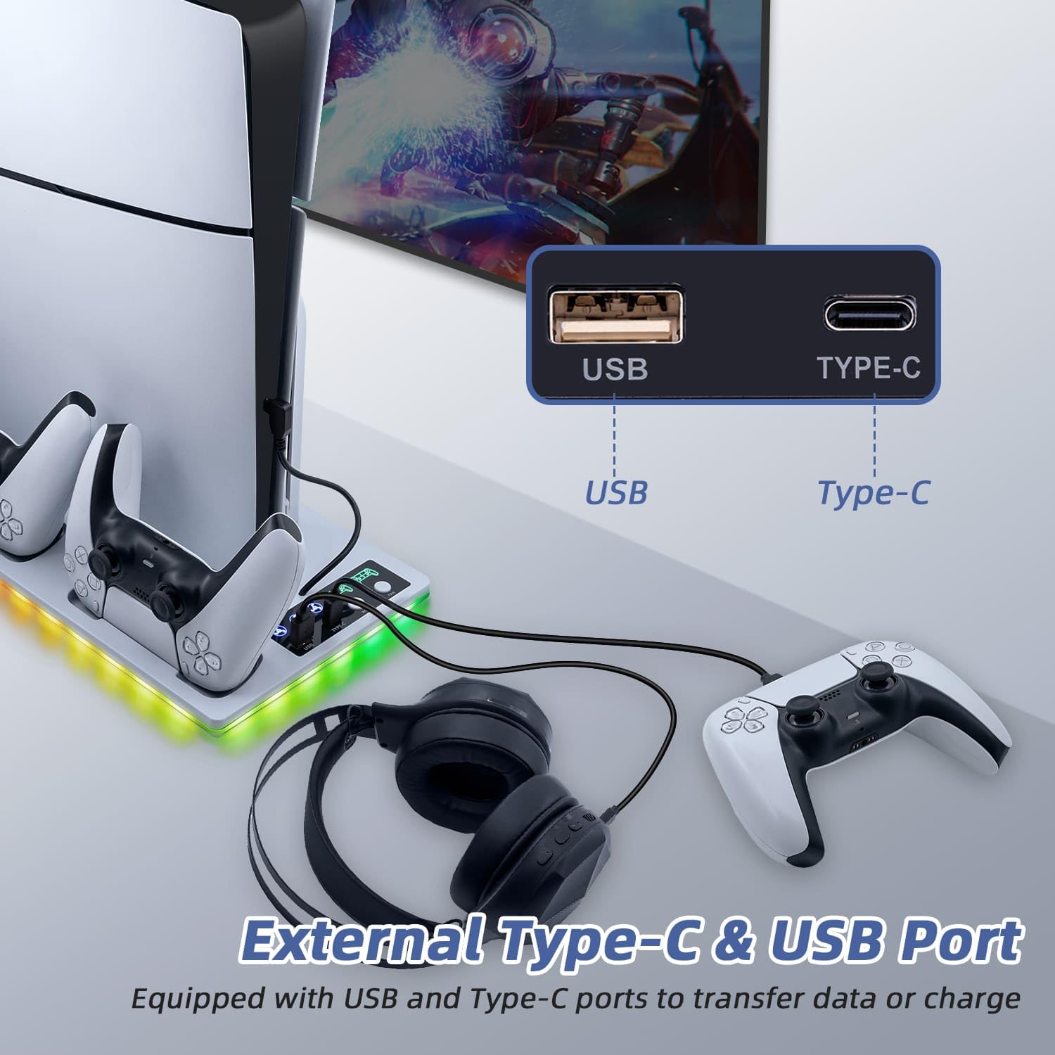 PS5 Cooling Station with RGB Lights & Dual Controller Charger - Compatible with PS5/PS5 Slim/PS5 Pro - Includes Cooling Fan, Charging Dock & 2 USB Ports - Perfect for Gaming Setup & Console Protection