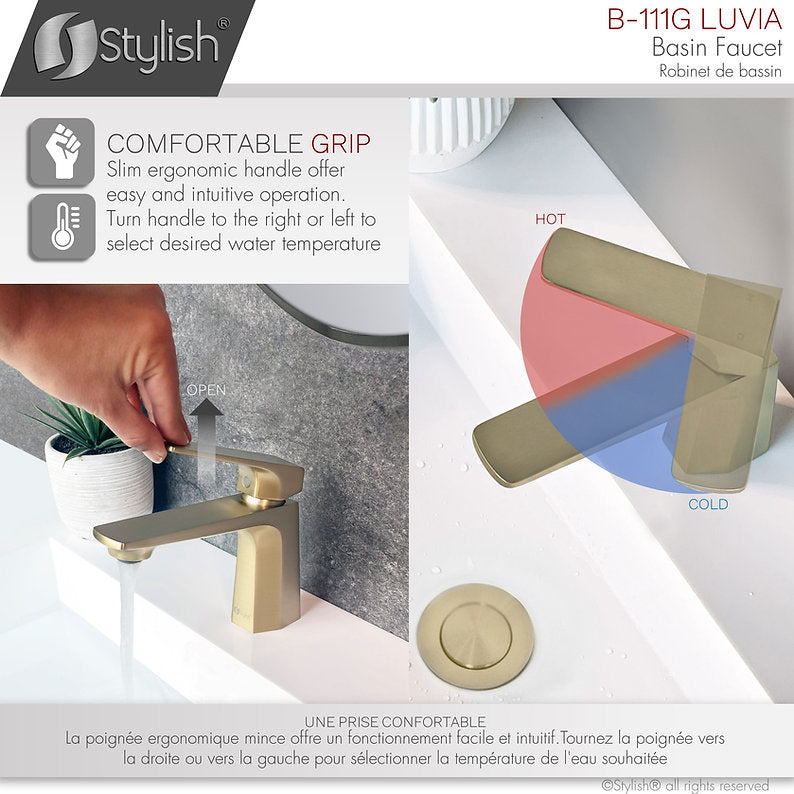 LUVIA B111G Single Hole Bathroom Faucet Brushed Gold - Modern Waterfall Bathroom Sink Faucet for Vanity, Powder Room & Guest Bath - Easy Installation & Durable Finish