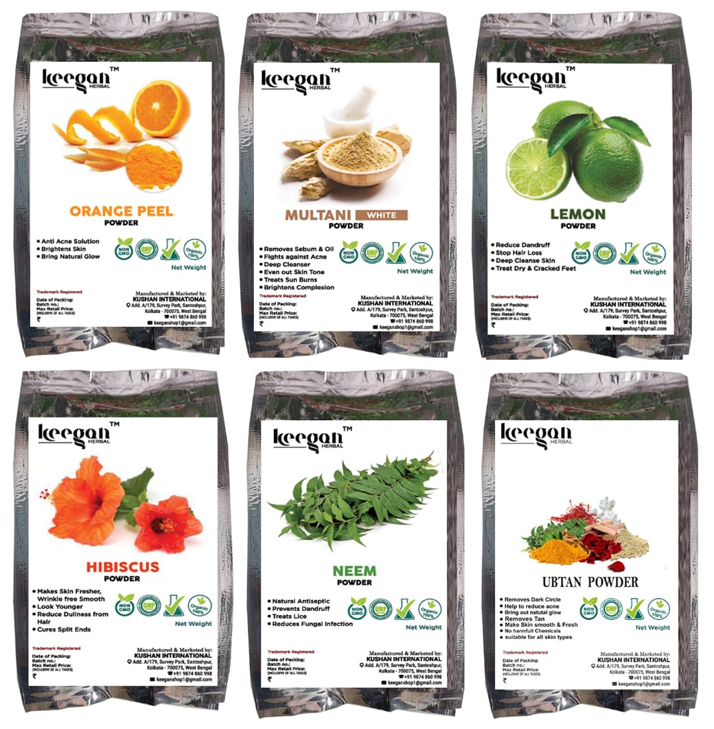Keegan Herbal Natural Face Pack Powder Combo - Orange Peel, Multani Mitti, Lemon Peel, Hibiscus, Neem & Ubtan (40g x 6) | Brightening, Exfoliating & Glowing Skin Treatment for Daily Beauty Routine