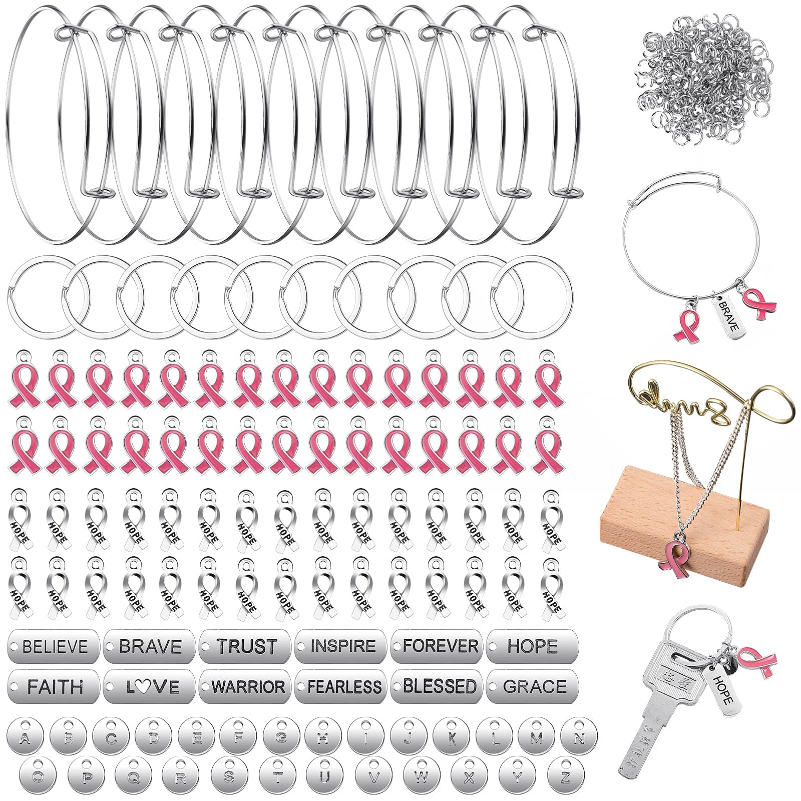Hicarer 318-Piece Breast Cancer Awareness Jewelry Set - Pink & Silver Ribbon Charms, Round Letter Pendants, Expandable Bracelet, Keychains, Open Jump Rings for DIY Jewelry Making - Perfect for Fundraisers, Awareness Events & Gifts