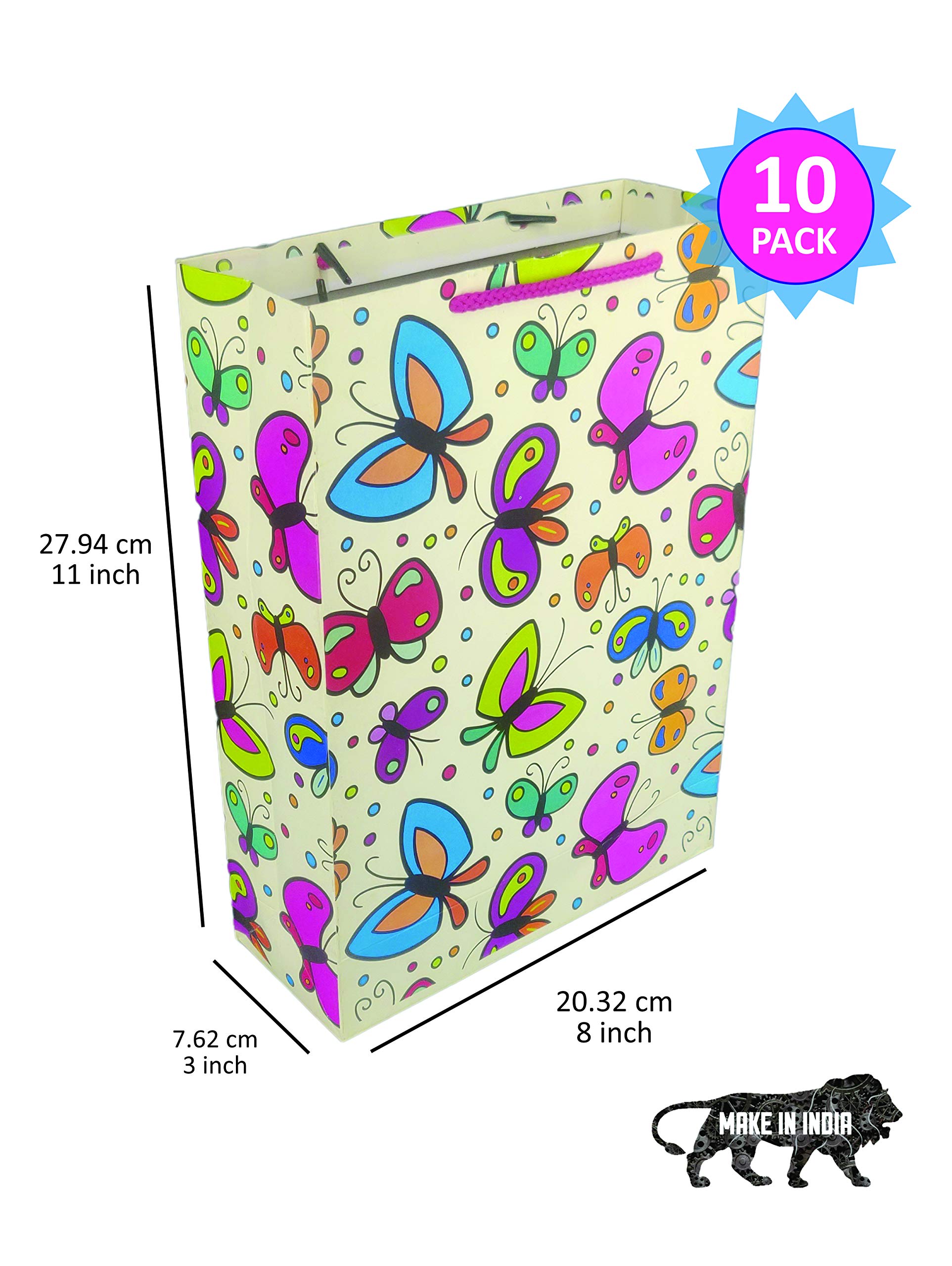 Butterfly Design Gift Bags - 10 Pack Colorful Arrow Paper Bags for Weddings, Birthdays, Holidays (28x20x7.5cm) - Perfect for Party Favors, Bridal Showers & Christmas Presents