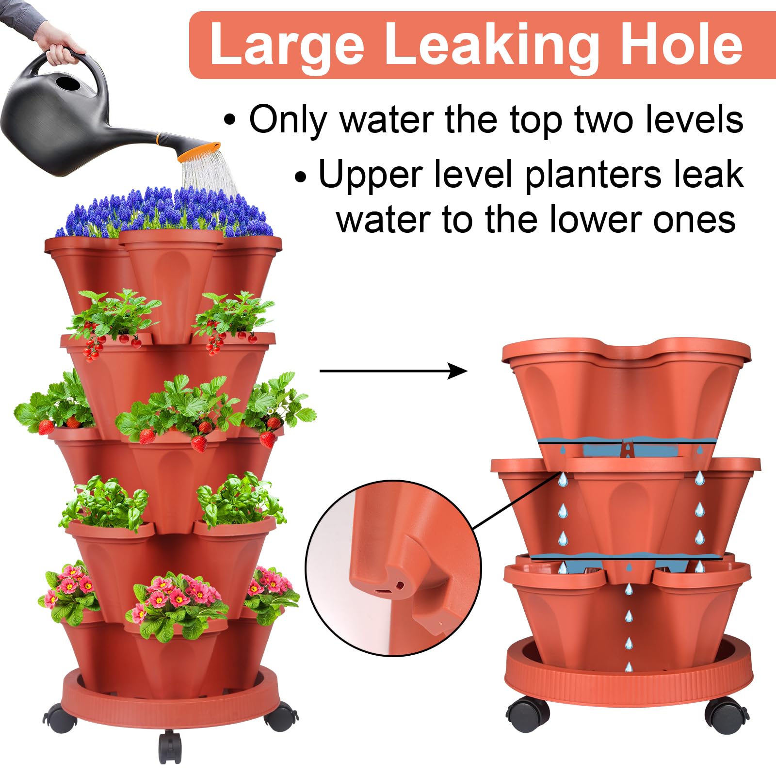 DUNCHATY 5-Tier Stackable Planter with Removable Wheels & Garden Tools - Vertical Indoor/Outdoor Flower Pots for Balcony, Patio, and Home Gardening