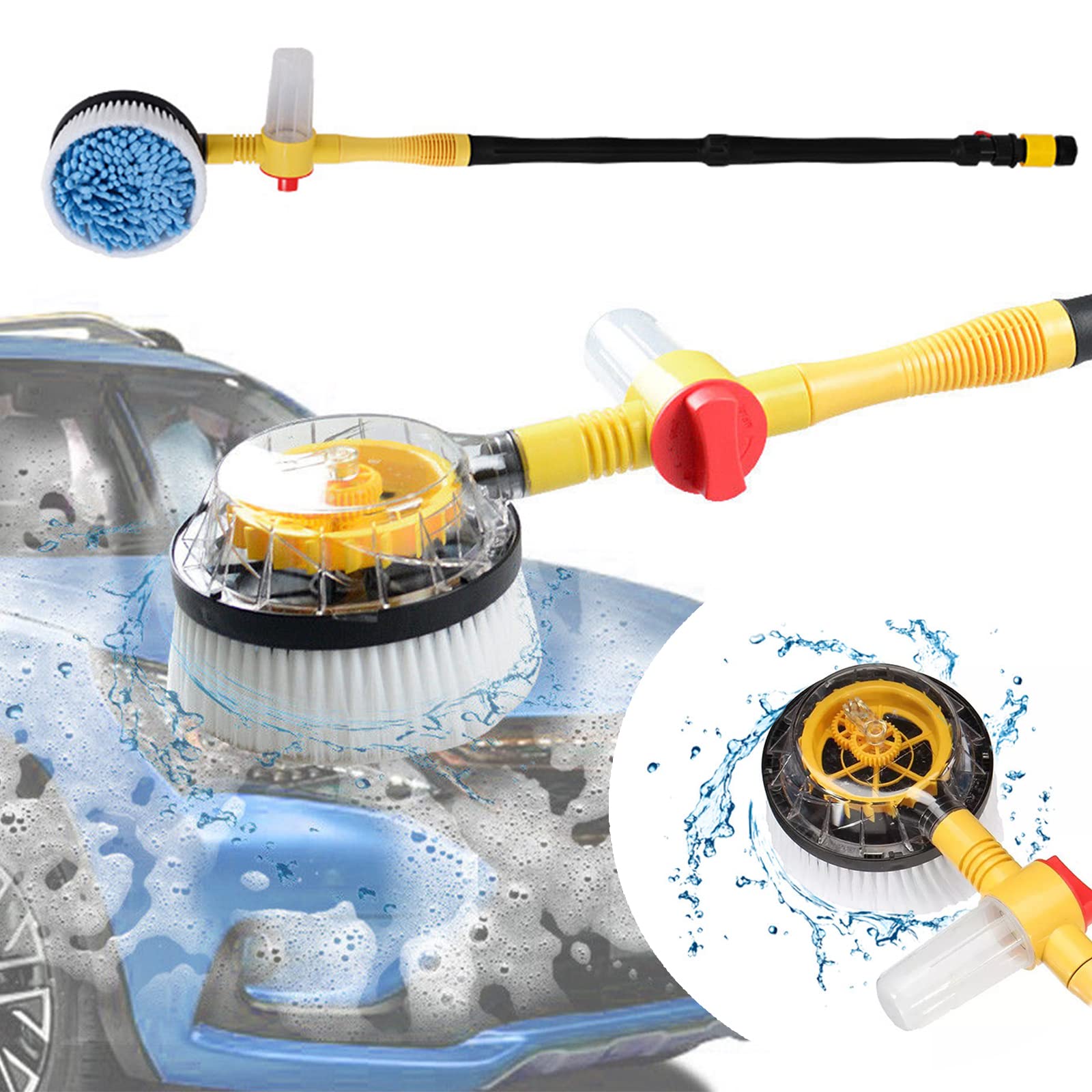 Rotating Car Wash Brush with Hose Attachment - Soft Chenille Microfiber Bristles, Long Handle Car Cleaning Brush with Soap Dispenser - Ideal for Washing Cars, Trucks, SUVs, and Boats (Yellow)