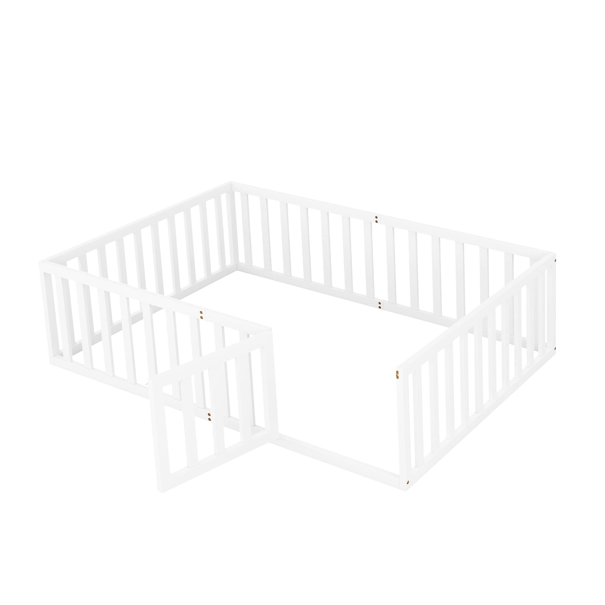 Polibi Full Size Wooden Floor Bed Frame with Fence & Door - Open Row Design White Platform Bed for Kids & Toddlers - Perfect for Montessori Bedrooms, Daycare Centers & Safe Sleep Spaces