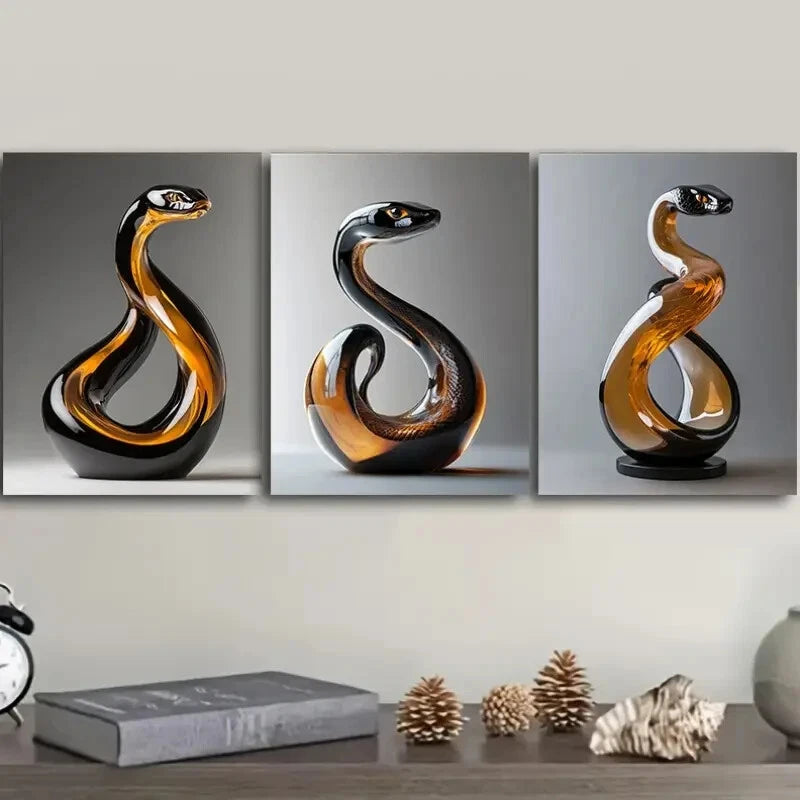 3-Piece Elegant Snake Glass Sculpture Wall Art Set - Framed Canvas 40x60cm - High Quality Print - 100% Australian Made - Ready to Hang - Perfect for Living Room, Bedroom & Office Decor