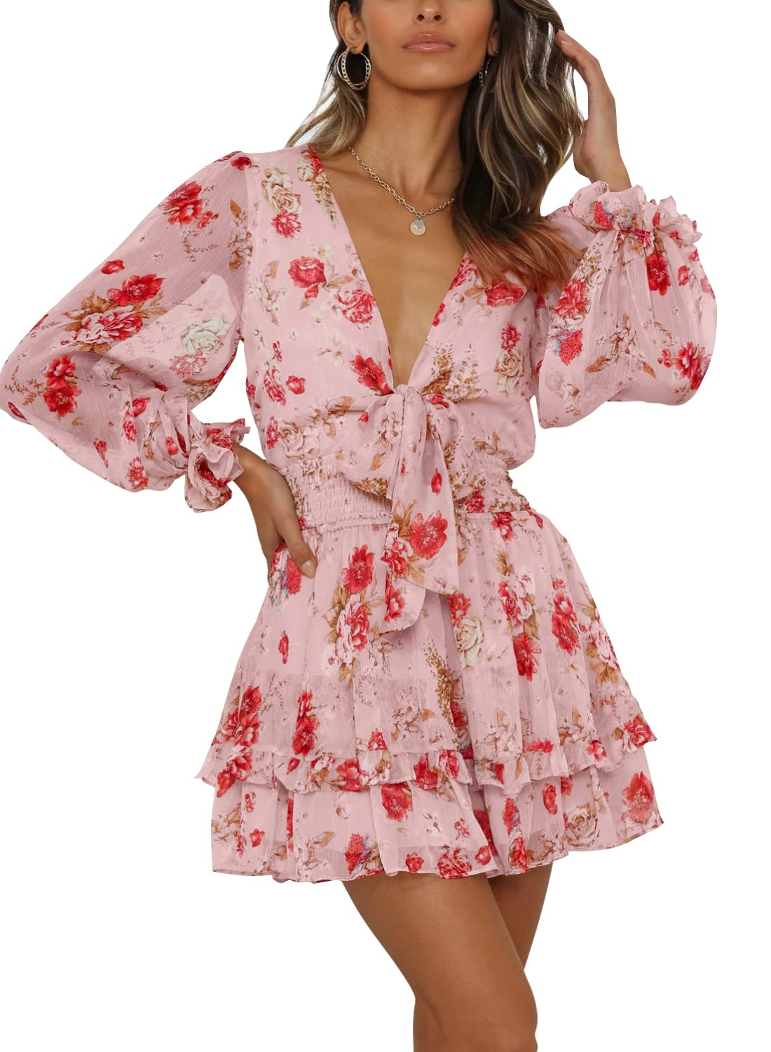 SySea Women's Summer Mini Dress - Tie Front V Neck Long Sleeve Ruffle Swing A-Line Dress for Wedding Guest, Party, Date Night & Casual Outings