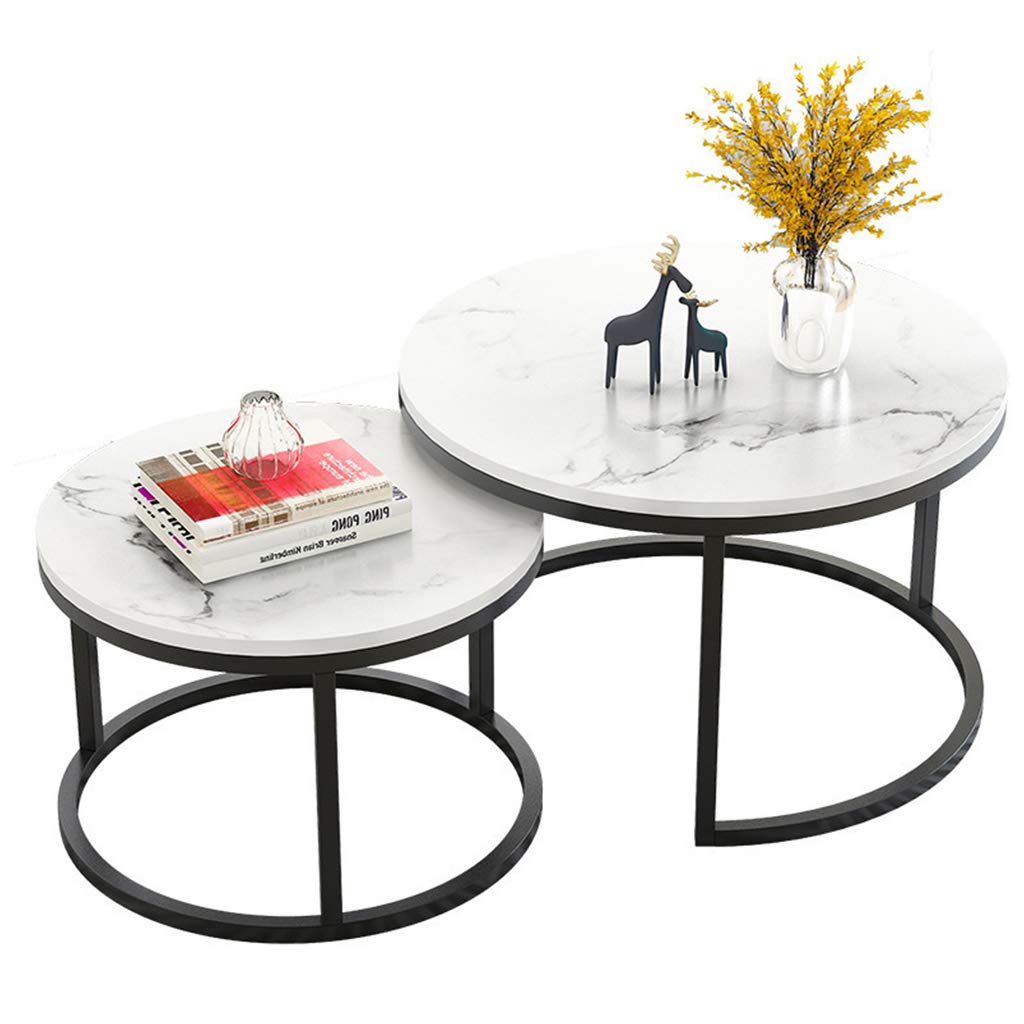 Luxury Round Nesting Coffee Table Set of 2 - Modern Wooden Top with Marble Texture & Sturdy Metal Frame - Perfect for Living Room, Office, and Small Spaces