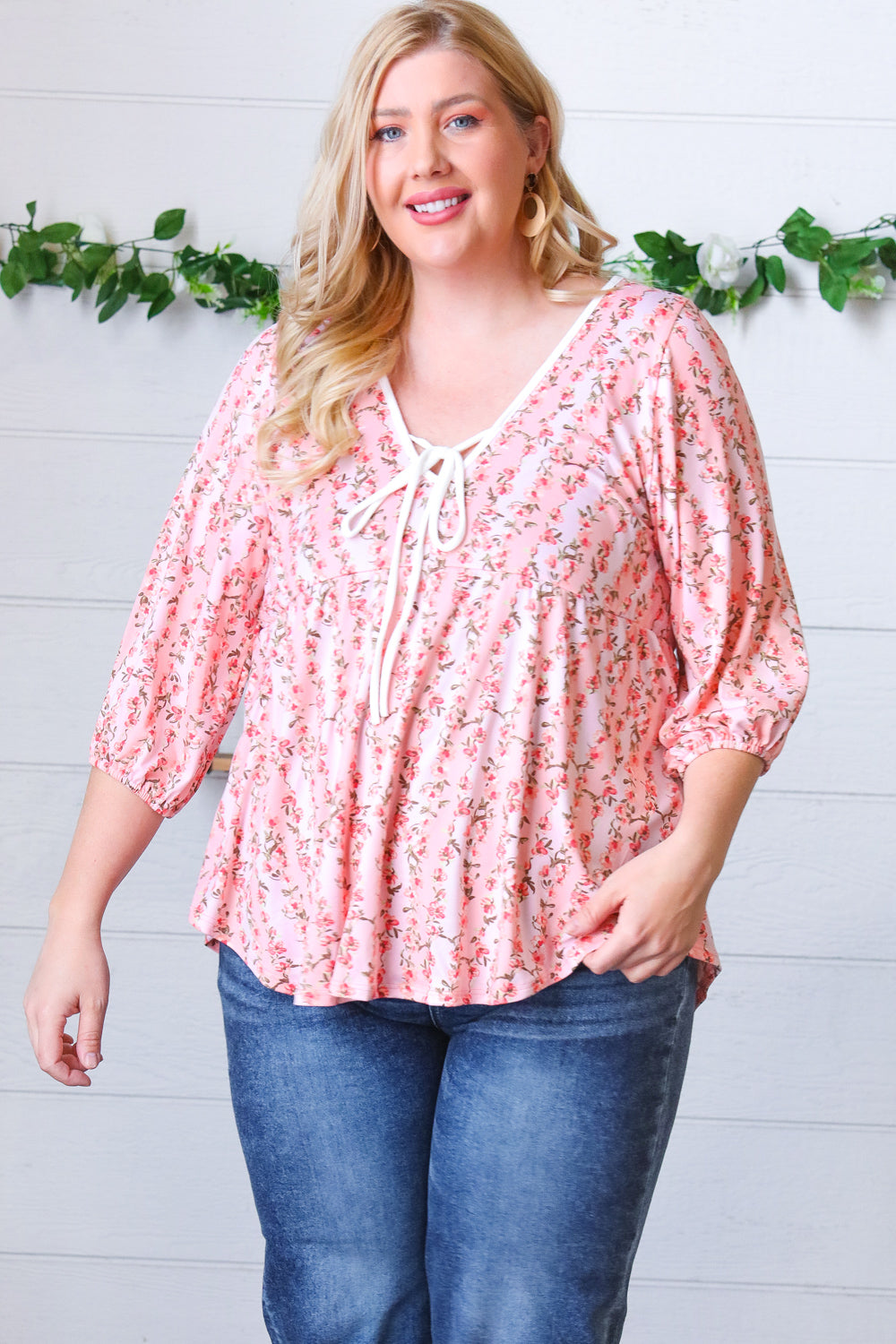 Pink Floral Stripe V-Neck Knit Top for Women - Casual Chic Blouse for Spring Outfits & Date Nights